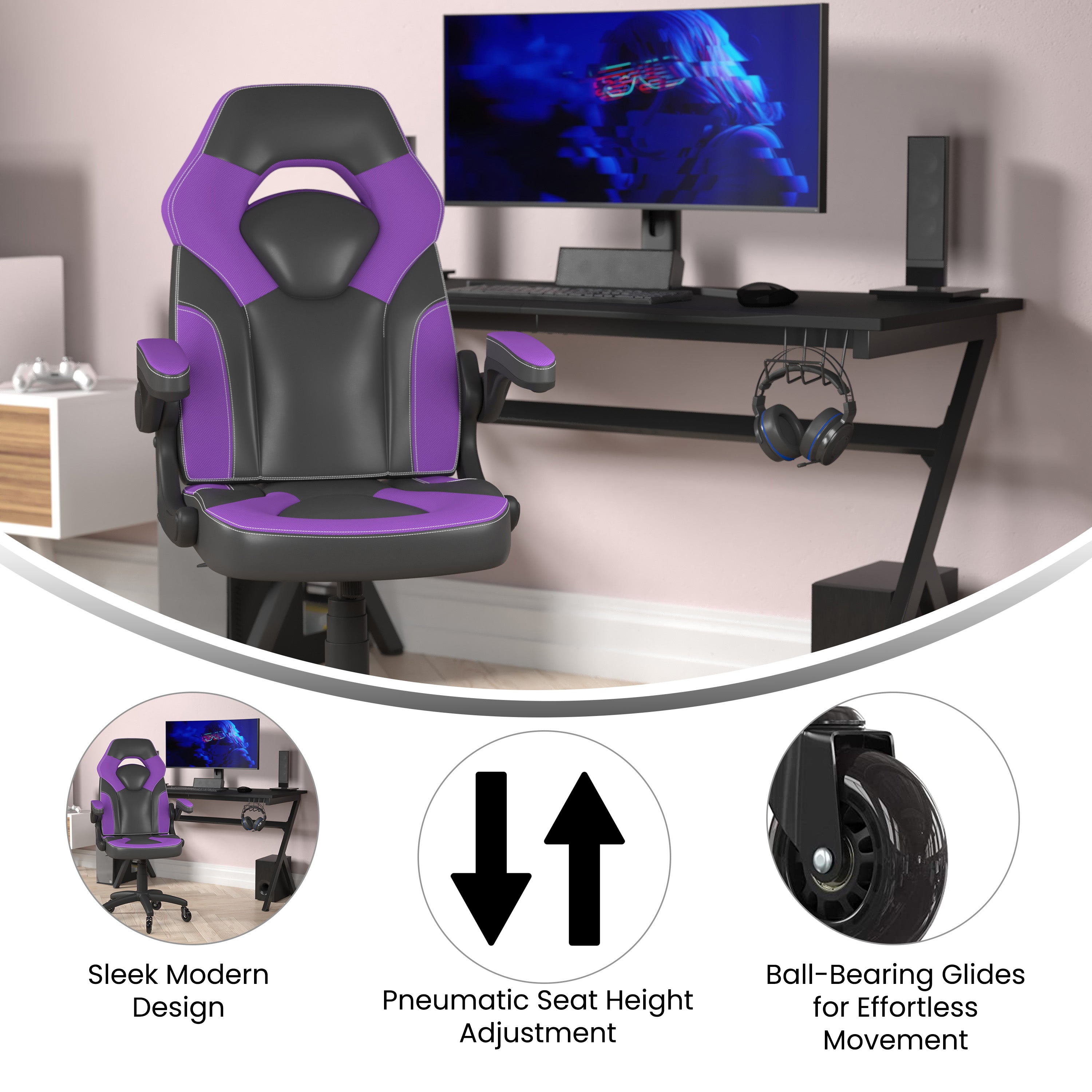 X10 Gaming Chair Racing Office Computer PC Adjustable Chair with Flip-up Arms and Transparent Roller Wheels, Purple/Black LeatherSoft