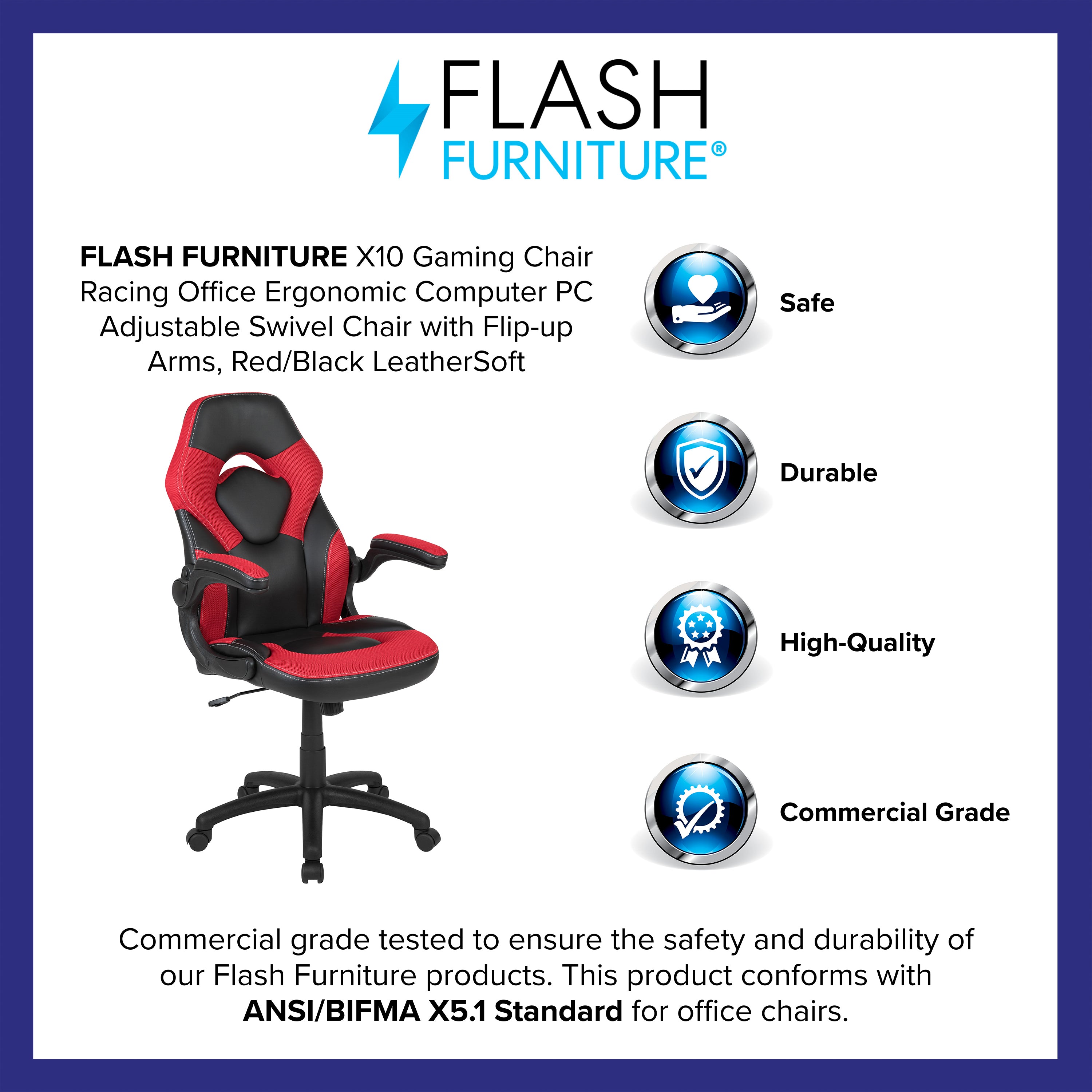 X10 Gaming Chair, Racing Style Ergonomic Office Chair, Height Adjustable Swivel Computer Chair with Flip-Up Arms, Red/Black LeatherSoft