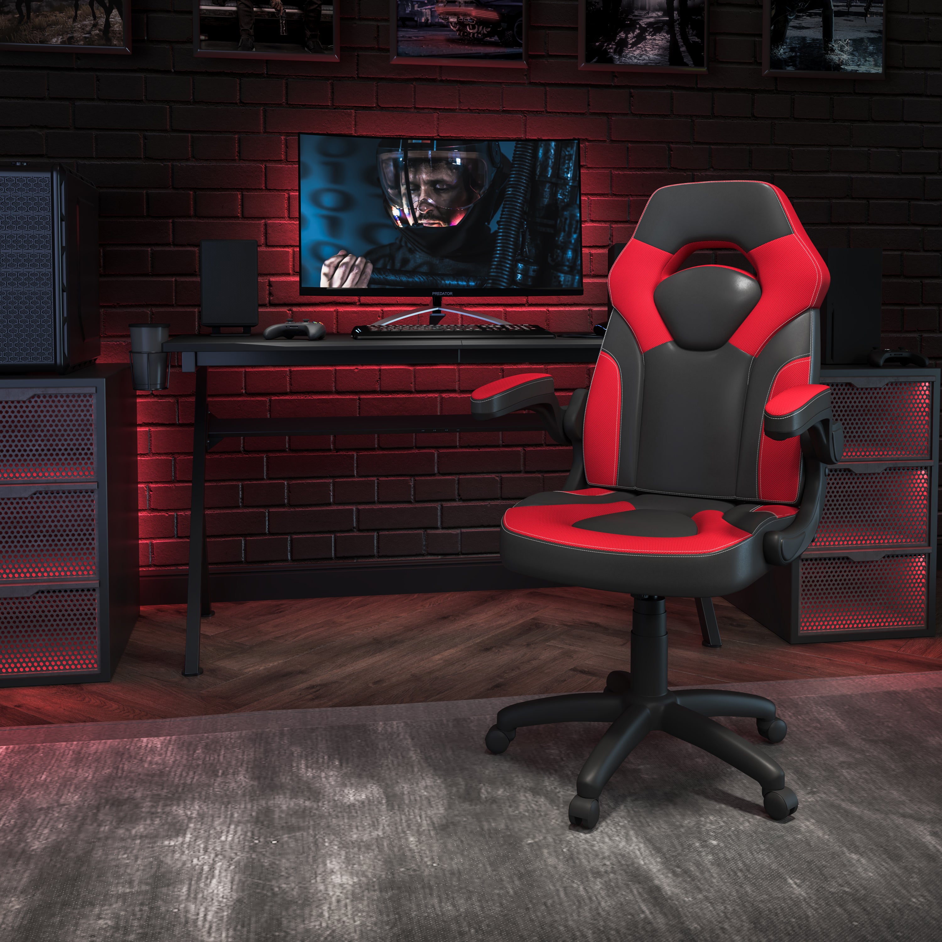 X10 Gaming Chair, Racing Style Ergonomic Office Chair, Height Adjustable Swivel Computer Chair with Flip-Up Arms, Red/Black LeatherSoft