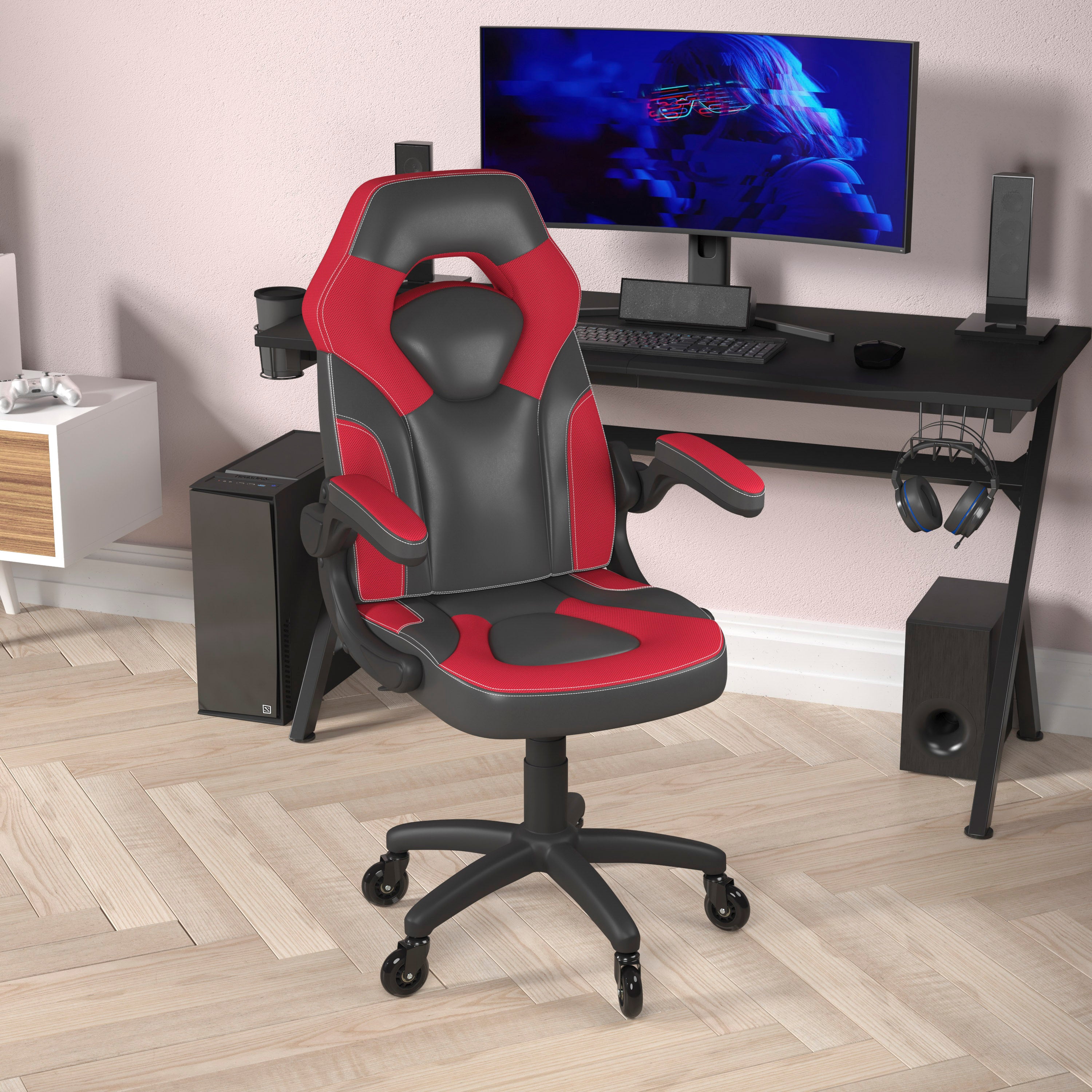 X10 Gaming Chair Racing Office Computer PC Adjustable Chair with Flip-up Arms and Transparent Roller Wheels, Red/Black LeatherSoft