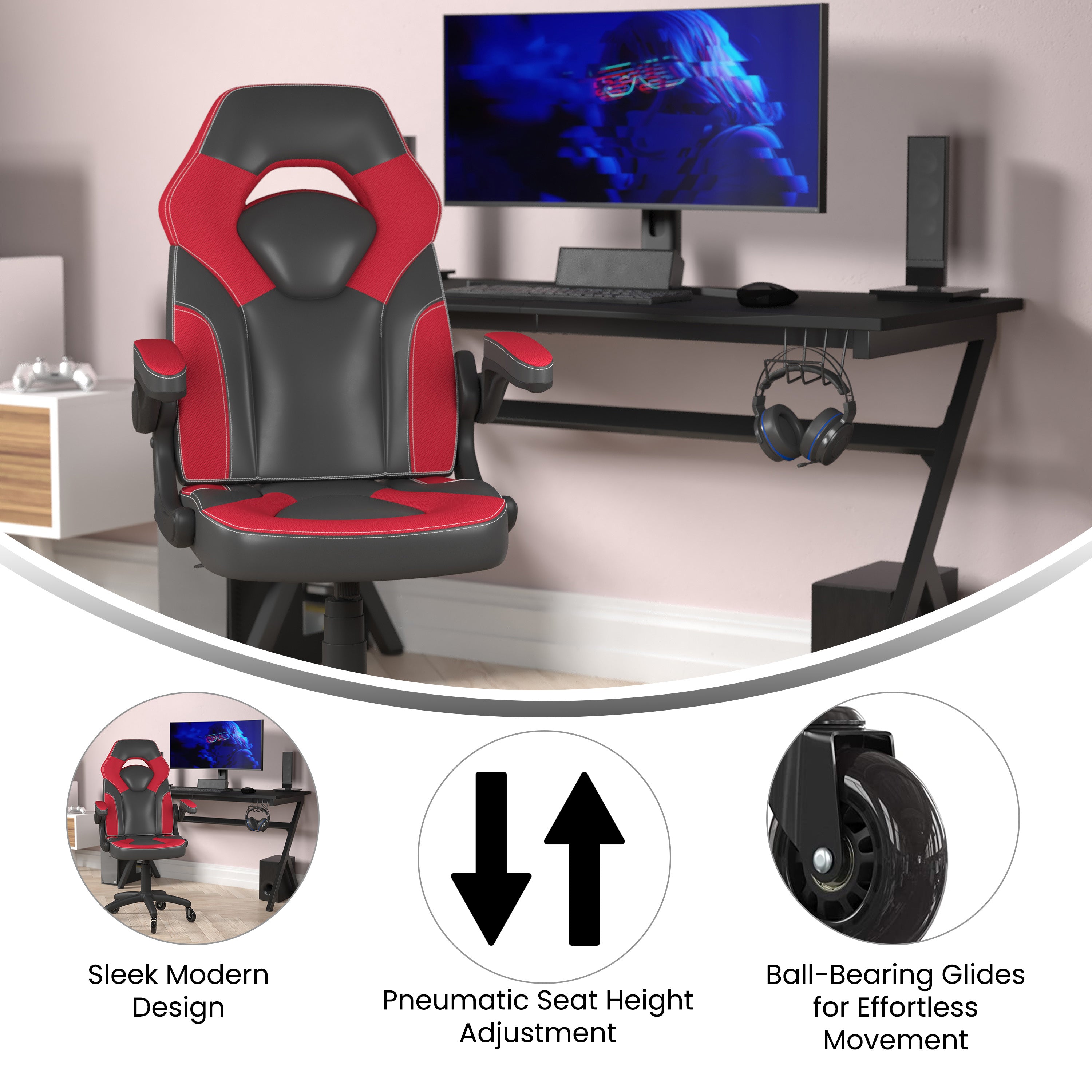 X10 Gaming Chair Racing Office Computer PC Adjustable Chair with Flip-up Arms and Transparent Roller Wheels, Red/Black LeatherSoft
