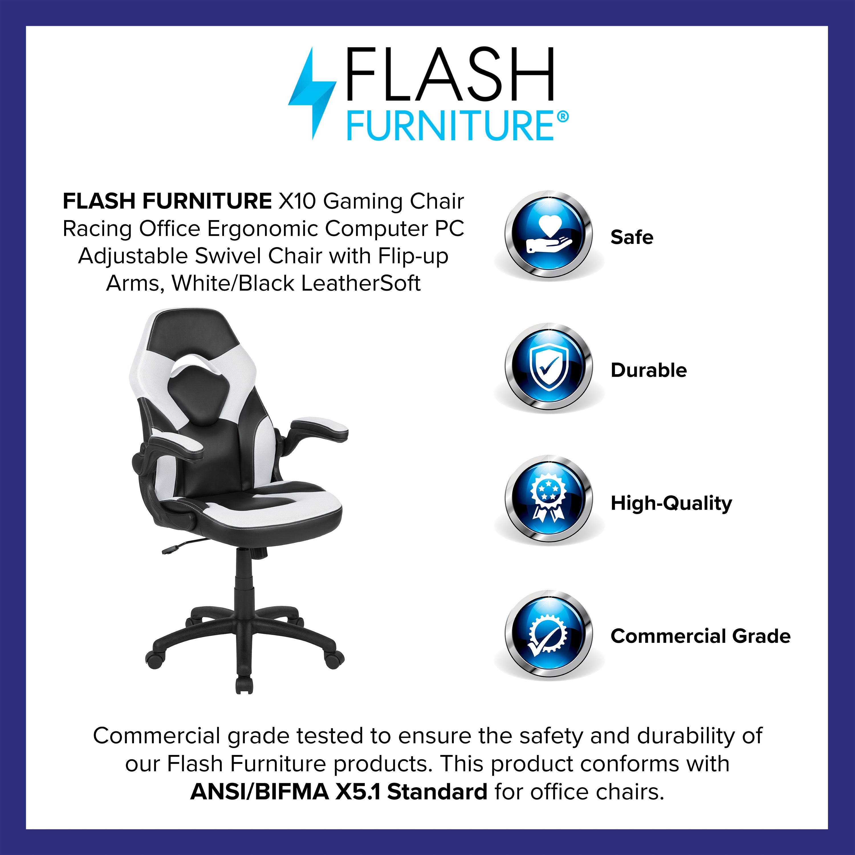 X10 Gaming Chair, Racing Style Ergonomic Office Chair, Height Adjustable Swivel Computer Chair with Flip-Up Arms, White/Black LeatherSoft