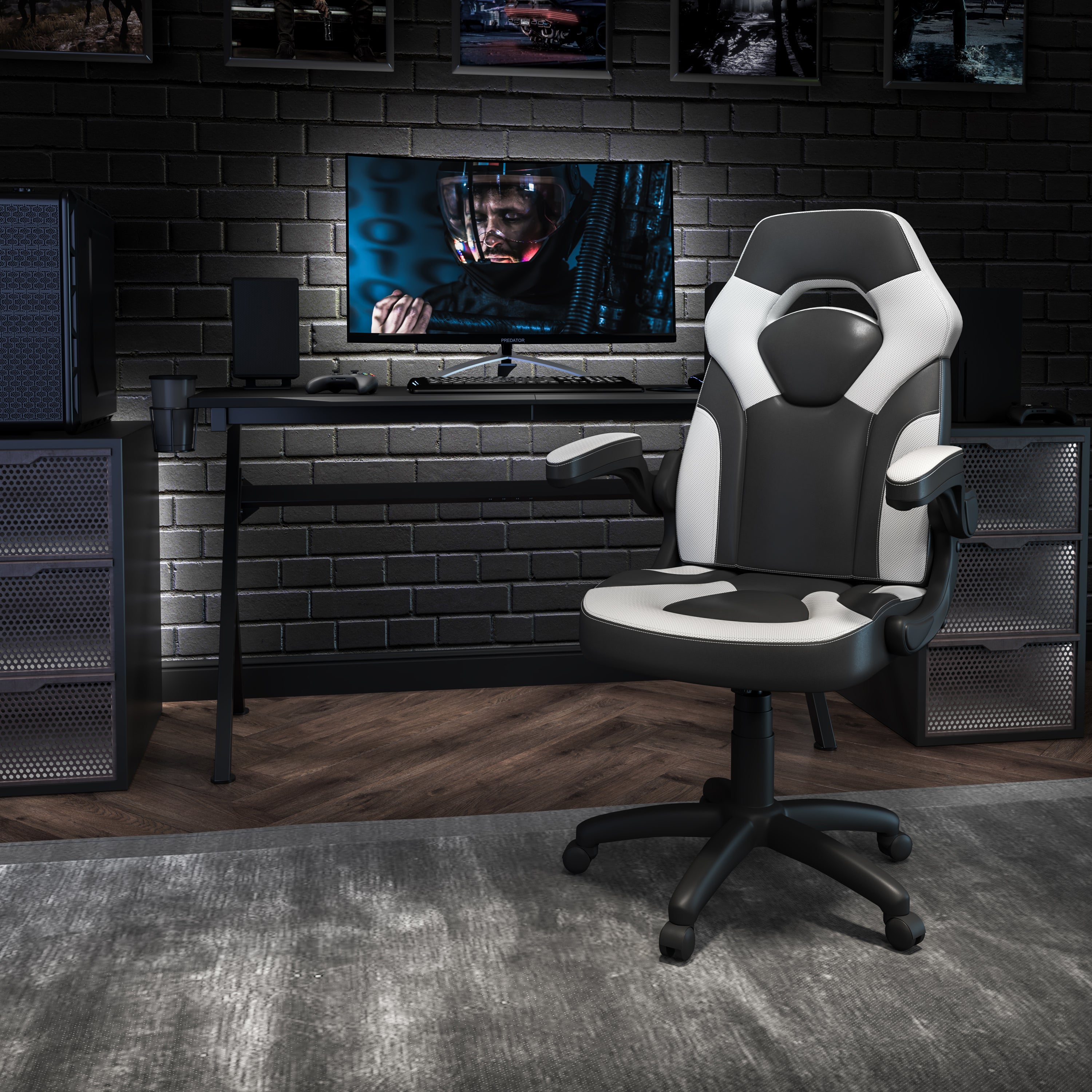 X10 Gaming Chair, Racing Style Ergonomic Office Chair, Height Adjustable Swivel Computer Chair with Flip-Up Arms, White/Black LeatherSoft