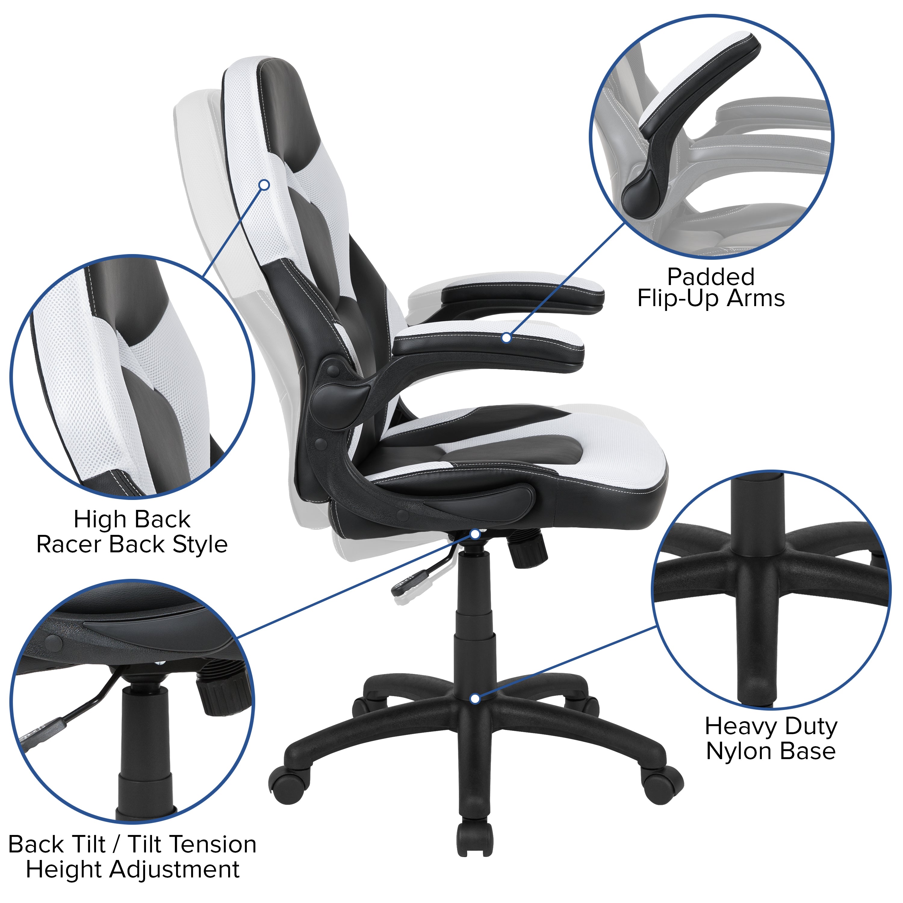 X10 Gaming Chair, Racing Style Ergonomic Office Chair, Height Adjustable Swivel Computer Chair with Flip-Up Arms, White/Black LeatherSoft