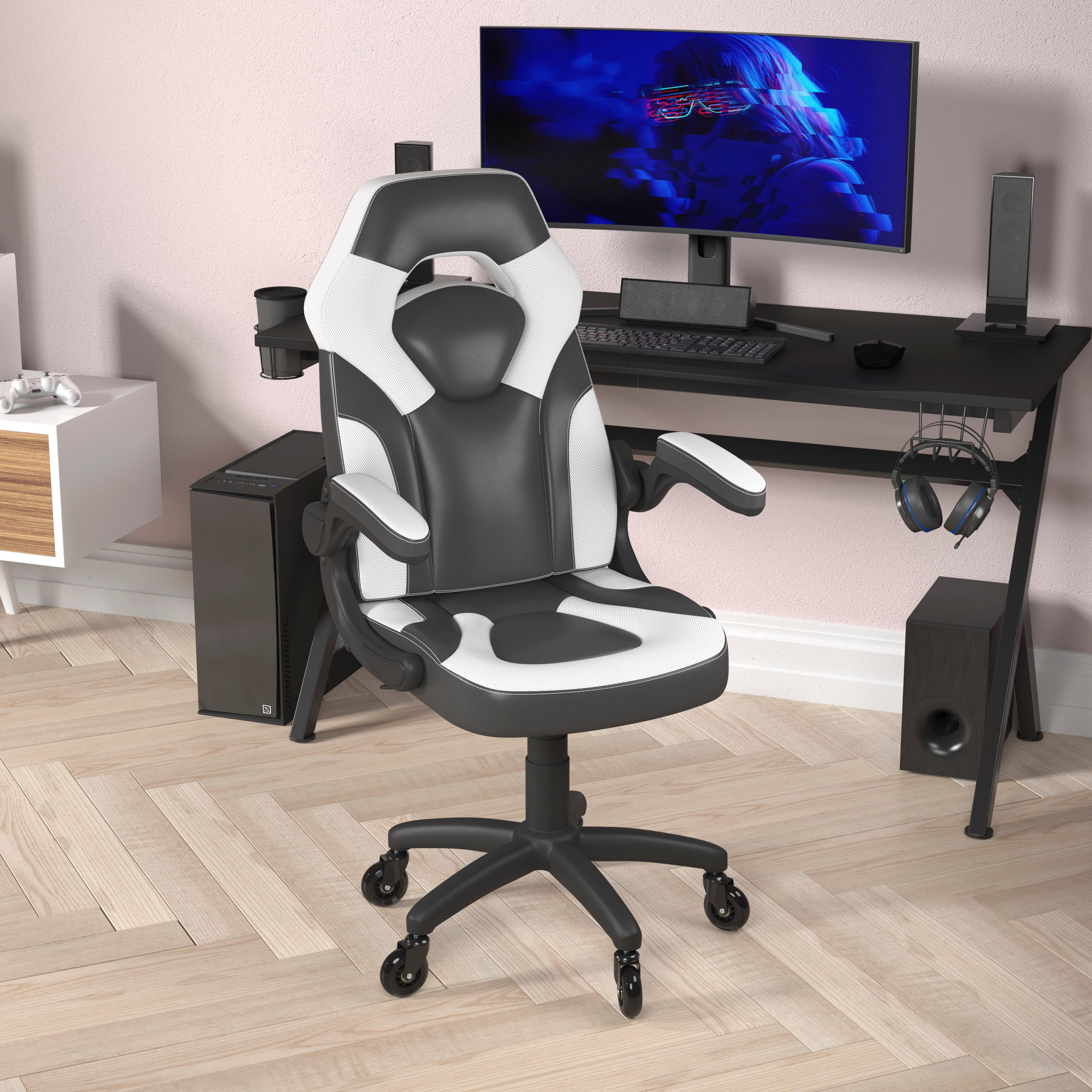 X10 Gaming Chair Racing Office Computer PC Adjustable Chair with Flip-up Arms and Transparent Roller Wheels, White/Black LeatherSoft