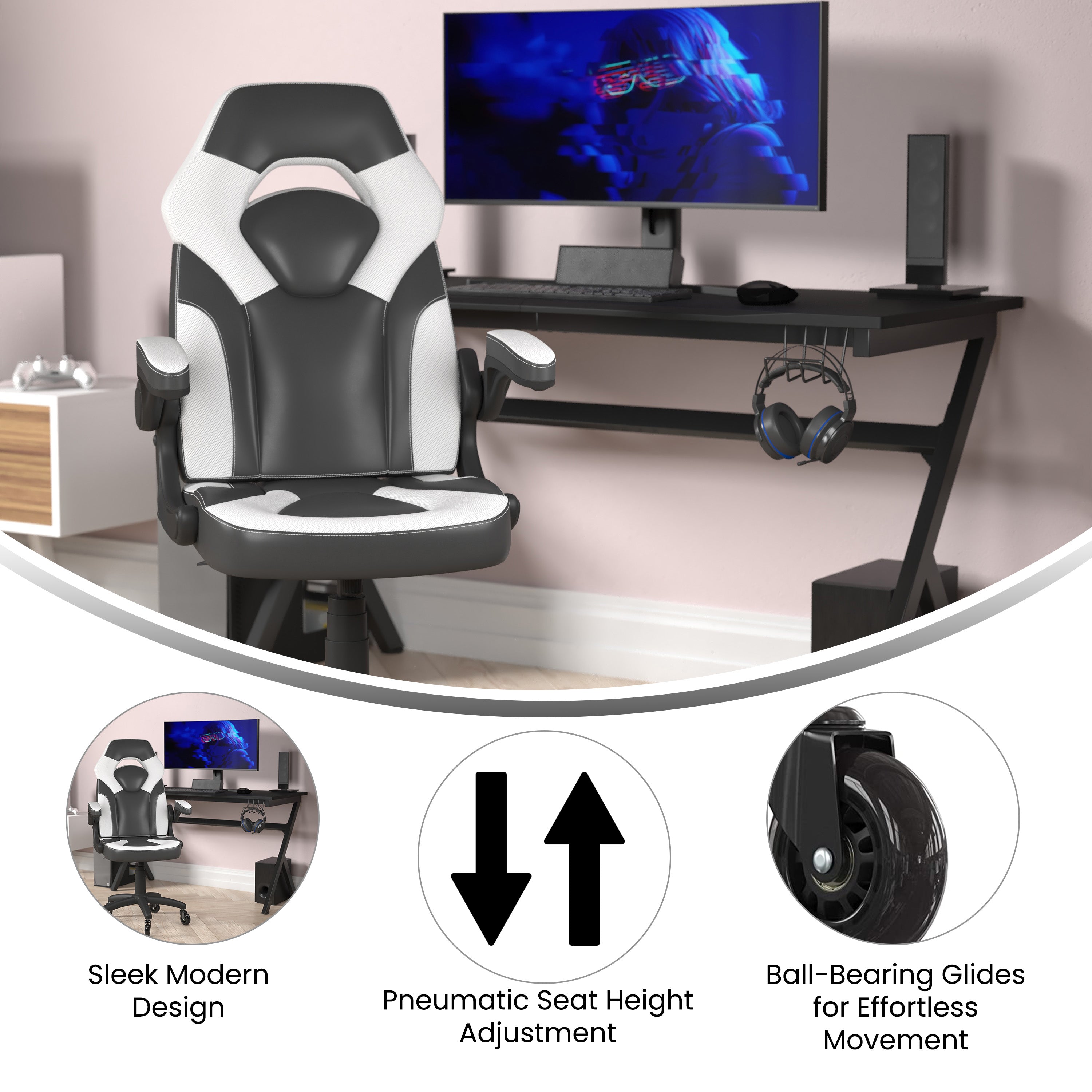 X10 Gaming Chair Racing Office Computer PC Adjustable Chair with Flip-up Arms and Transparent Roller Wheels, White/Black LeatherSoft