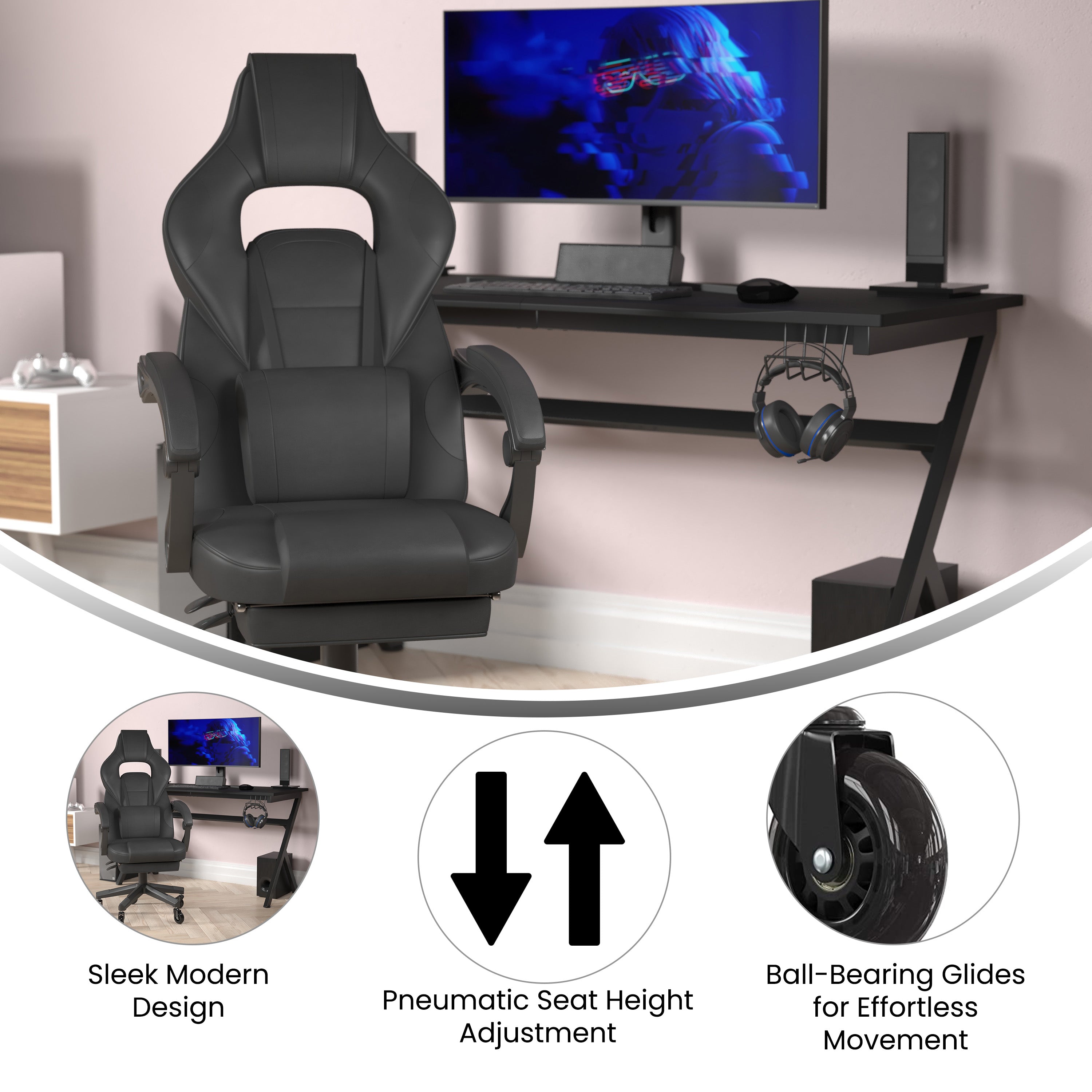 X40 Gaming Chair Racing Computer Chair with Fully Reclining Back/Arms and Transparent Roller Wheels, Slide-Out Footrest, - Black