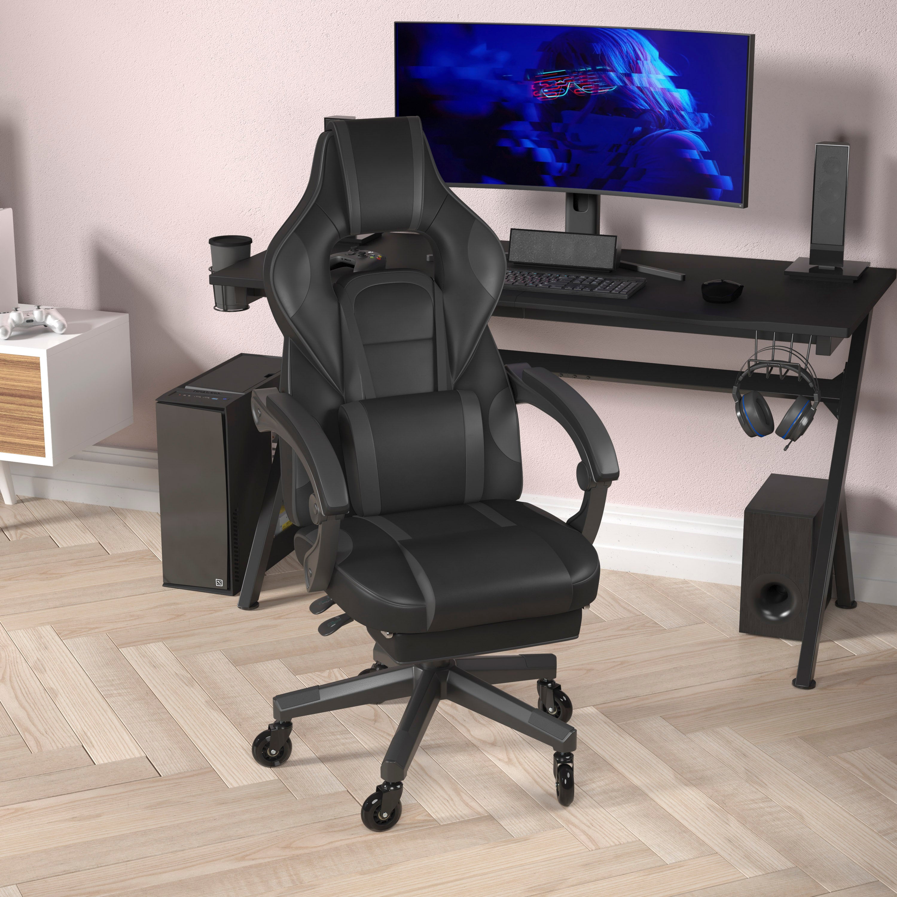 X40 Gaming Chair Racing Computer Chair with Fully Reclining Back/Arms and Transparent Roller Wheels, Slide-Out Footrest, - Black/Gray