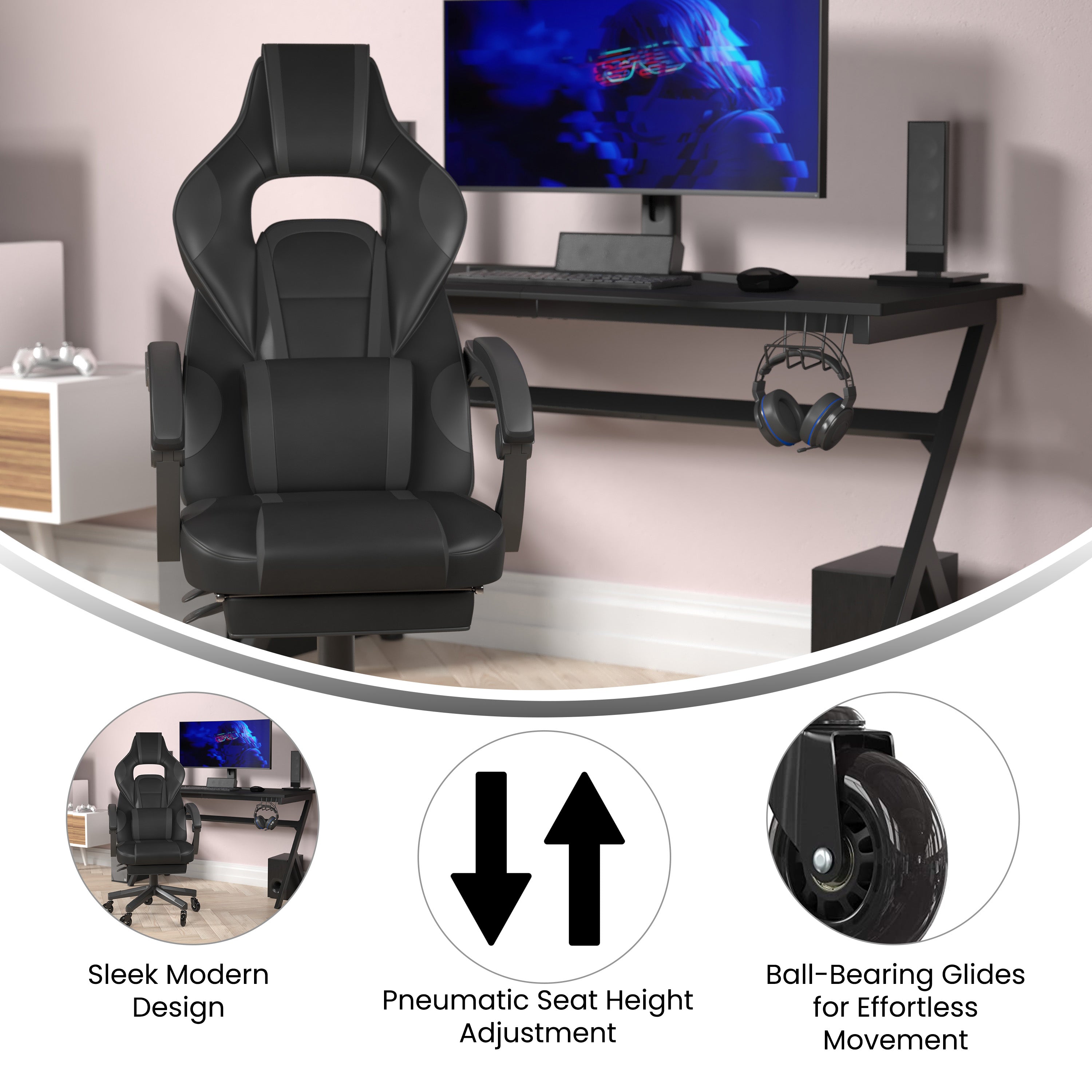 X40 Gaming Chair Racing Computer Chair with Fully Reclining Back/Arms and Transparent Roller Wheels, Slide-Out Footrest, - Black/Gray