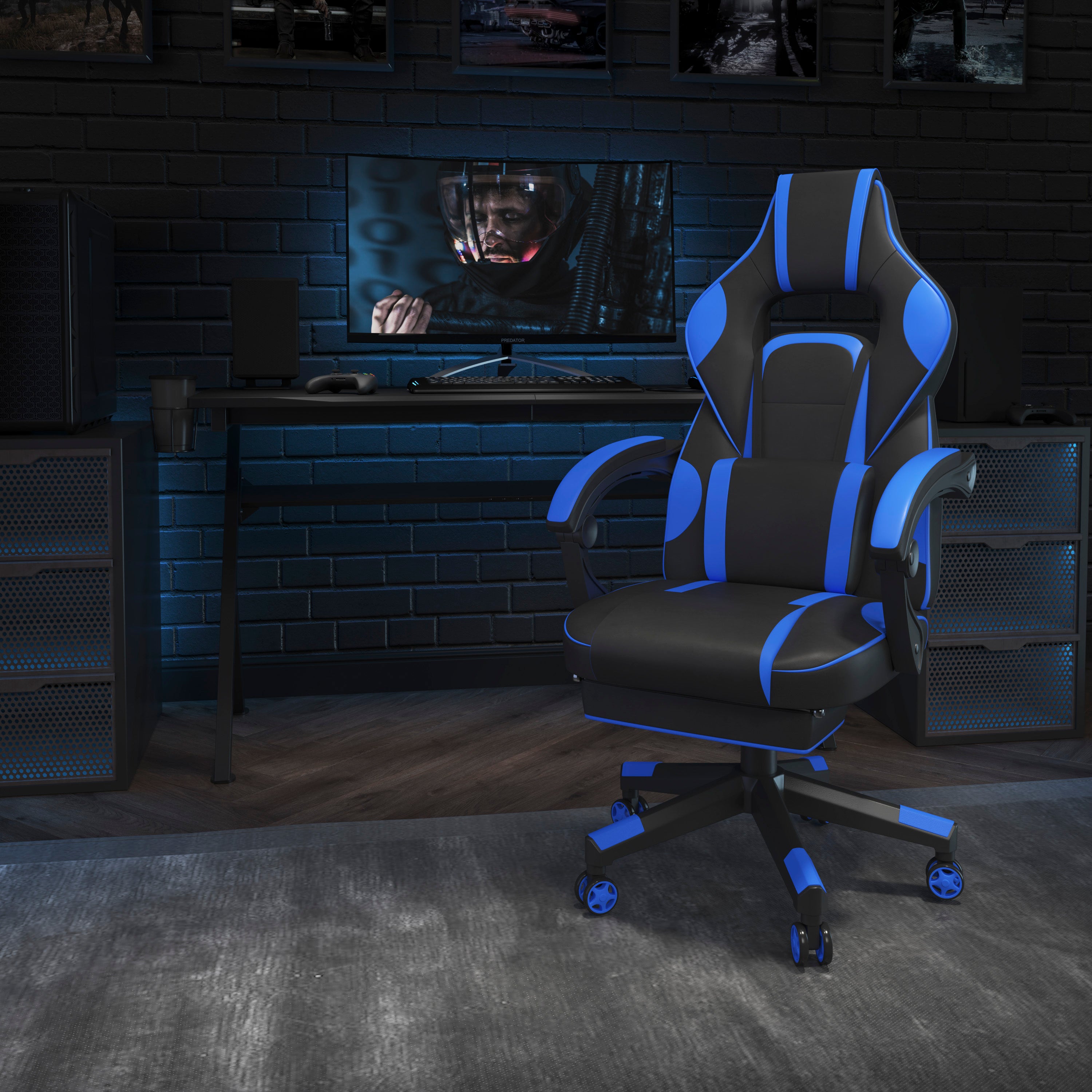 X40 Gaming Chair Racing Ergonomic Computer Chair with Fully Reclining Back/Arms, Slide-Out Footrest, Massaging Lumbar - Black/Blue