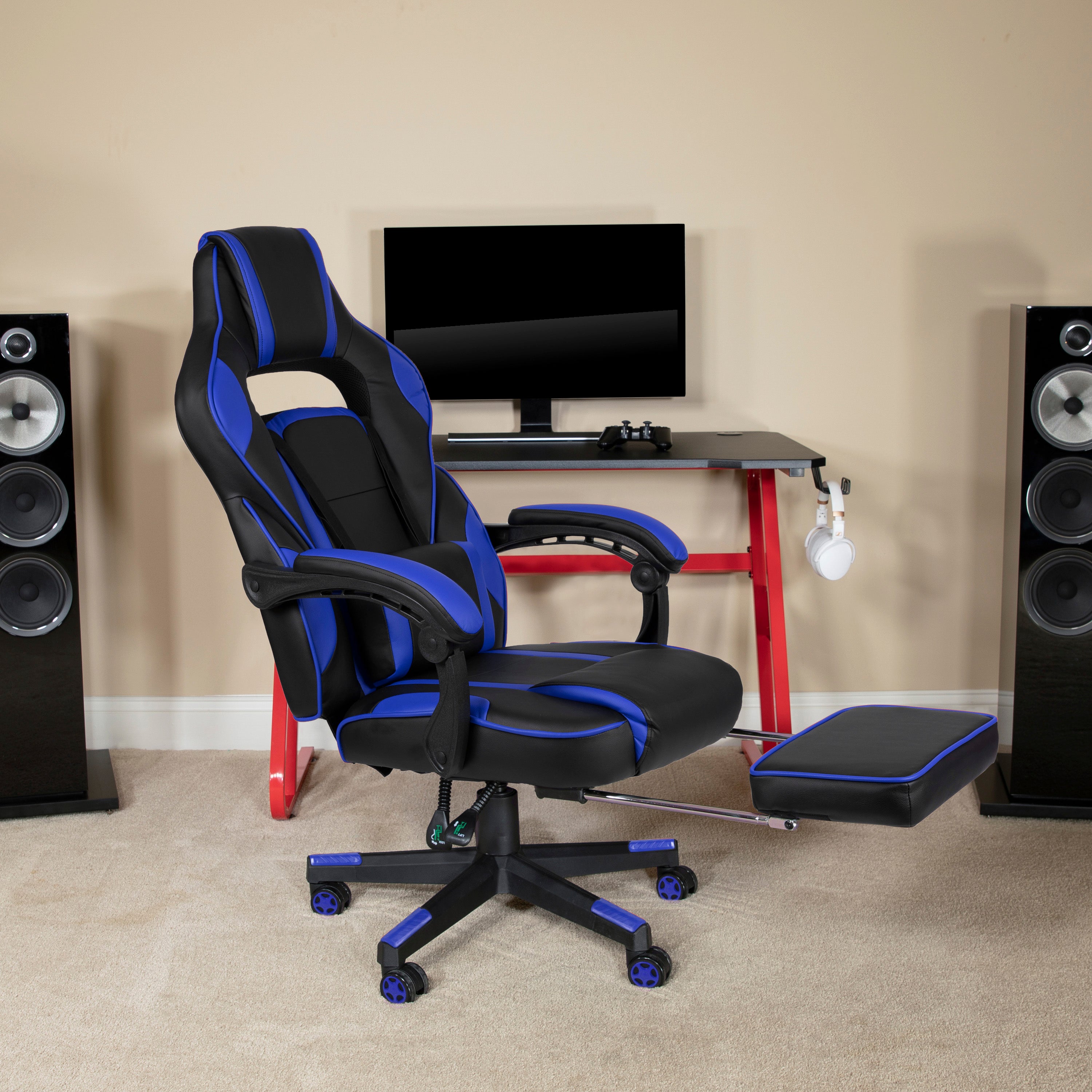 X40 Gaming Chair Racing Ergonomic Computer Chair with Fully Reclining Back/Arms, Slide-Out Footrest, Massaging Lumbar - Black/Blue