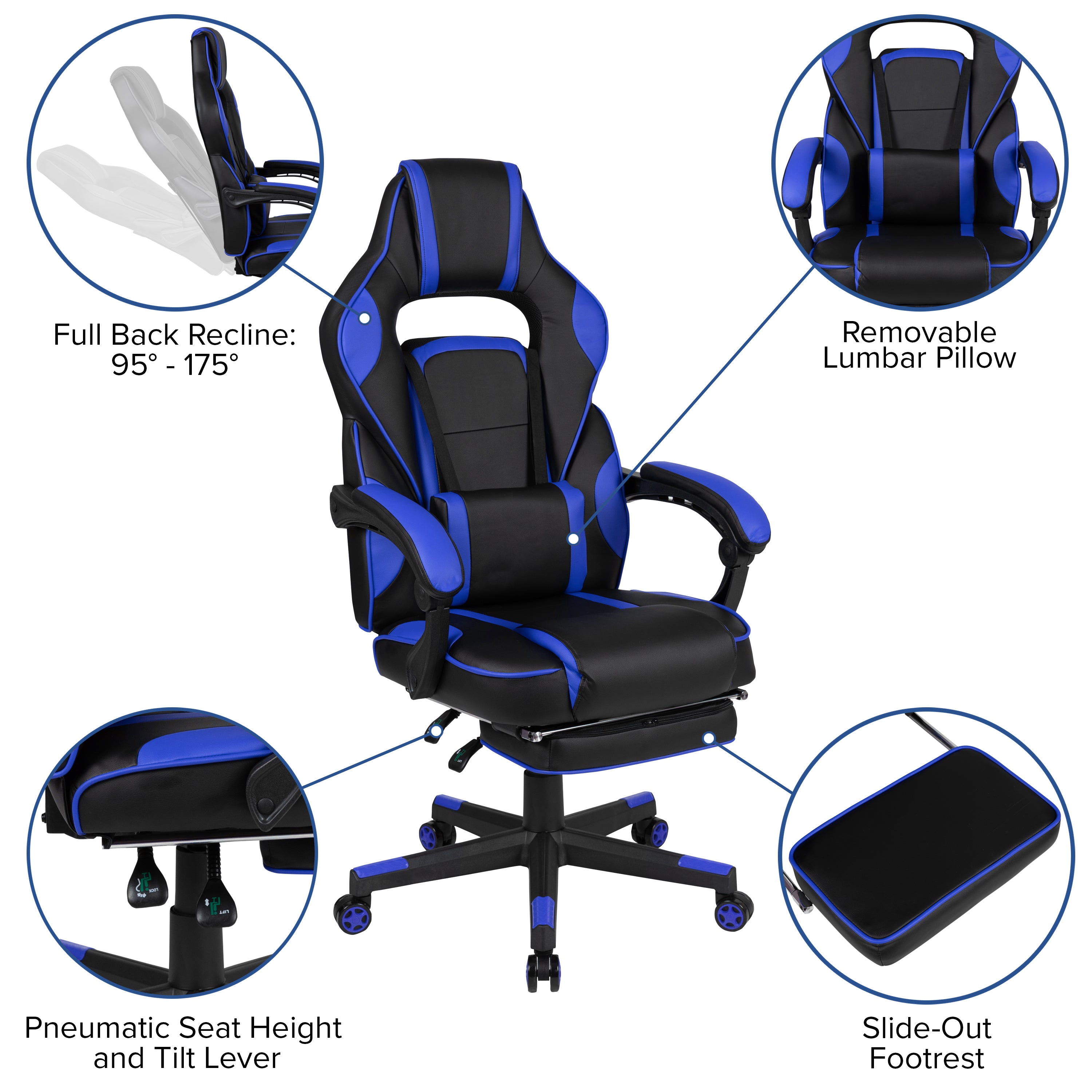 X40 Gaming Chair Racing Ergonomic Computer Chair with Fully Reclining Back/Arms, Slide-Out Footrest, Massaging Lumbar - Black/Blue