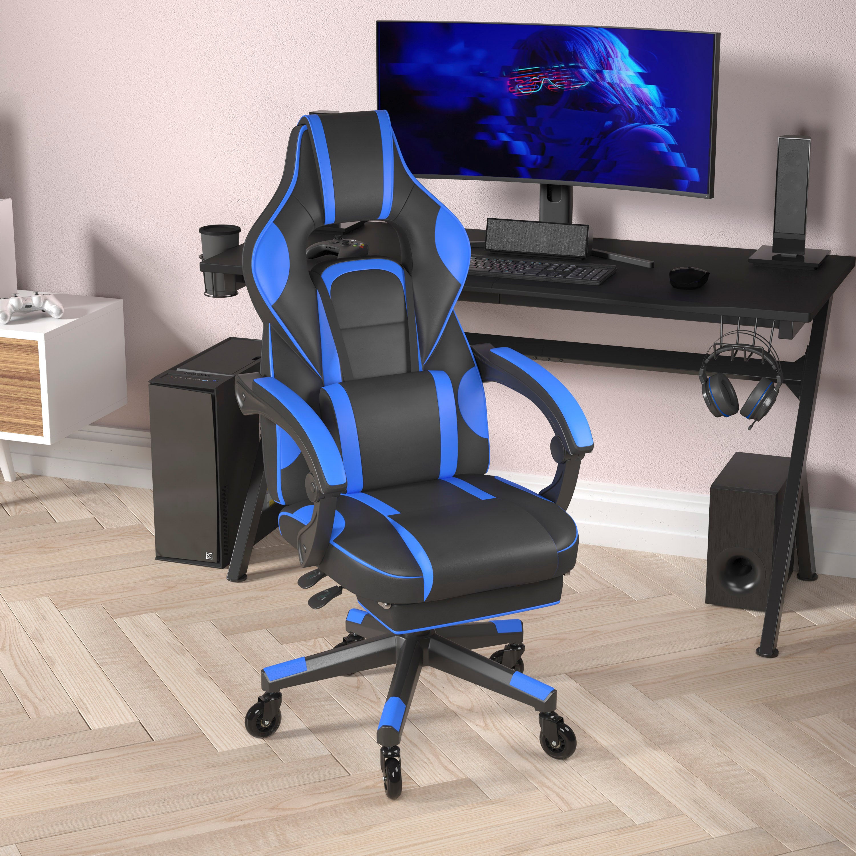 X40 Gaming Chair Racing Computer Chair with Fully Reclining Back/Arms and Transparent Roller Wheels, Slide-Out Footrest, - Black/Blue