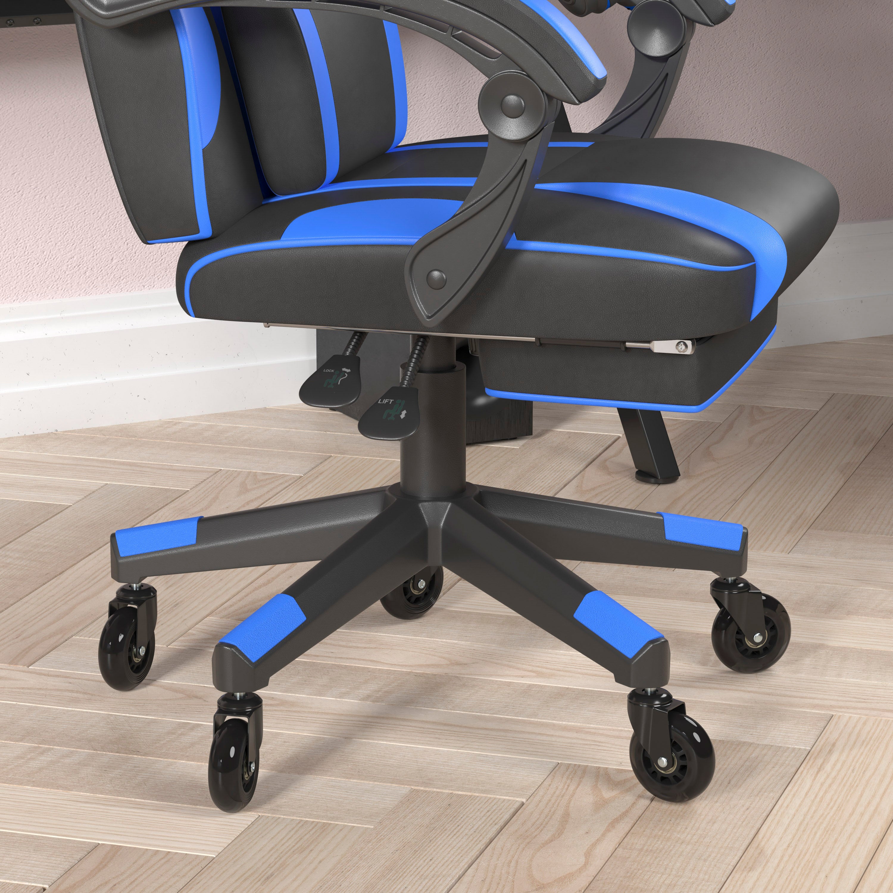 X40 Gaming Chair Racing Computer Chair with Fully Reclining Back/Arms and Transparent Roller Wheels, Slide-Out Footrest, - Black/Blue