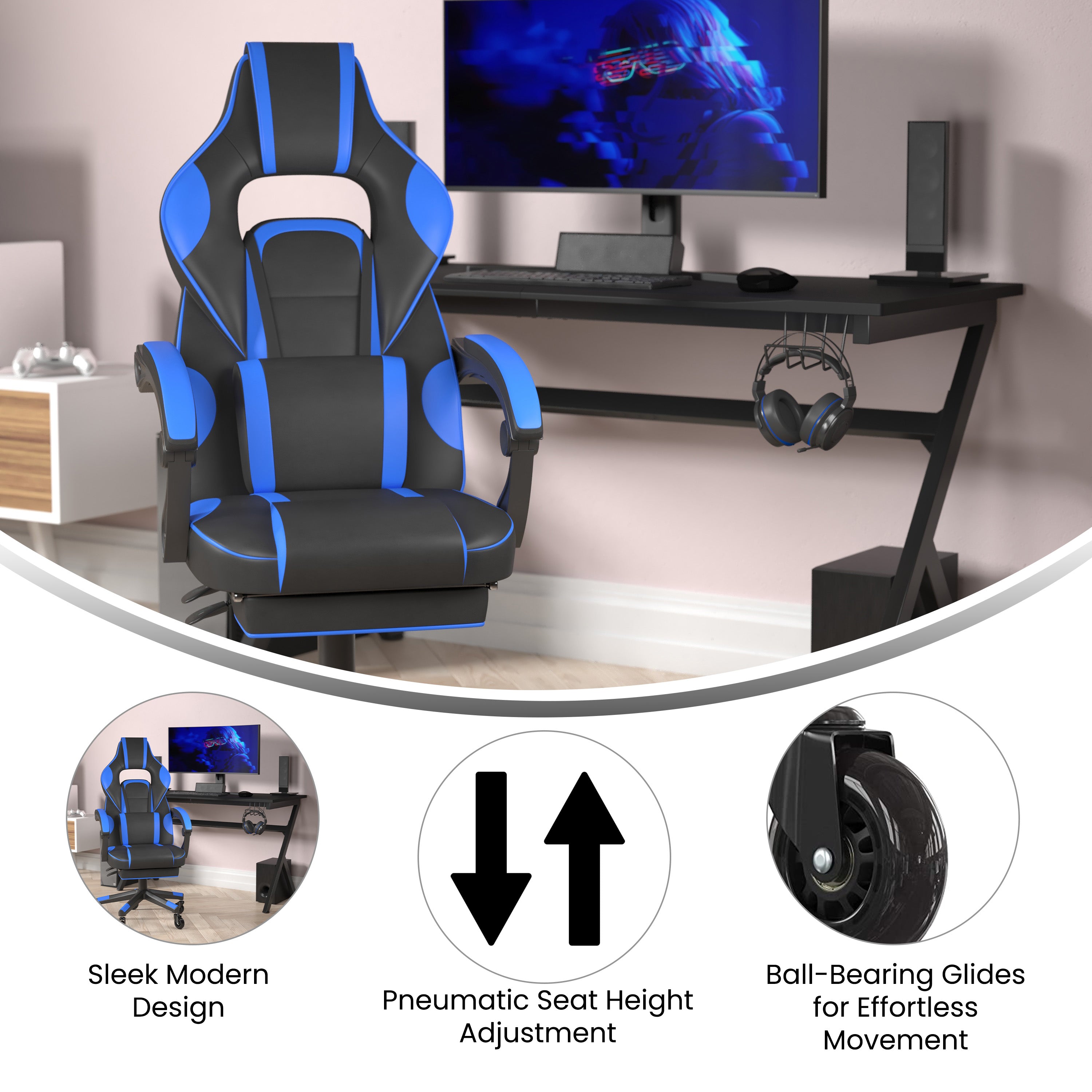 X40 Gaming Chair Racing Computer Chair with Fully Reclining Back/Arms and Transparent Roller Wheels, Slide-Out Footrest, - Black/Blue