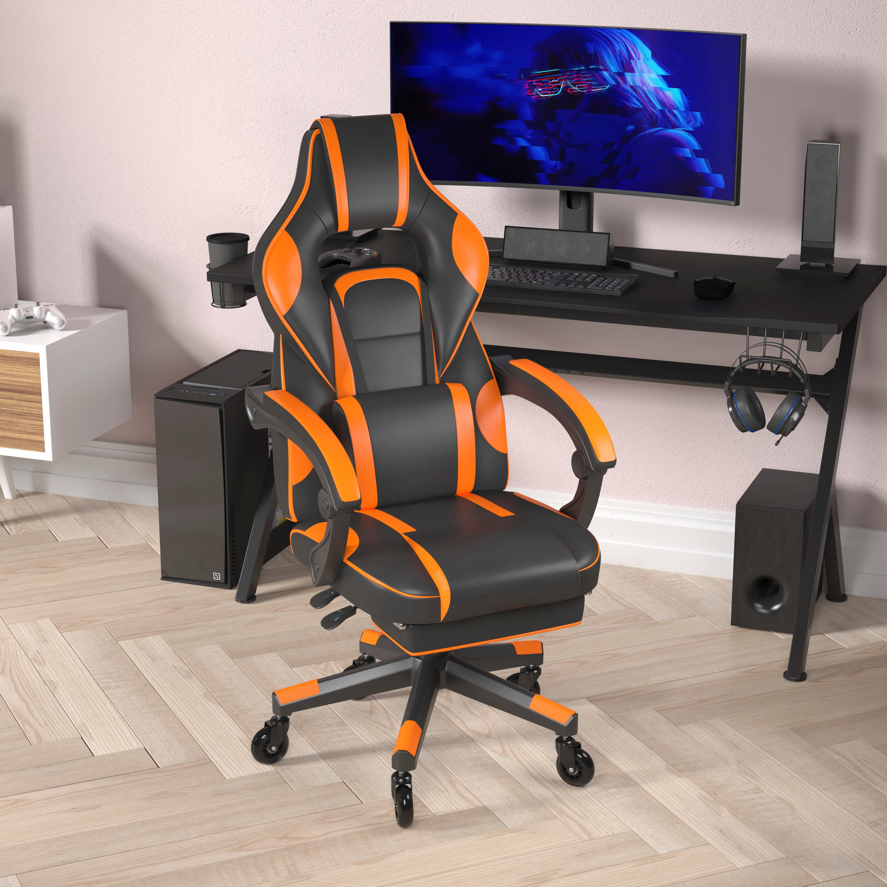 X40 Gaming Chair Racing Computer Chair with Fully Reclining Back/Arms and Transparent Roller Wheels, Slide-Out Footrest, - Black/Orange