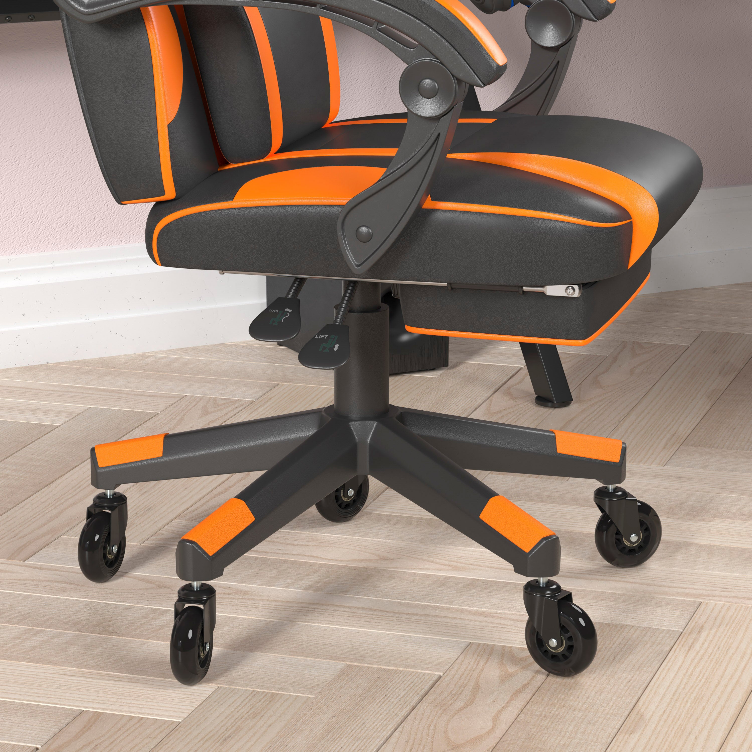 X40 Gaming Chair Racing Computer Chair with Fully Reclining Back/Arms and Transparent Roller Wheels, Slide-Out Footrest, - Black/Orange