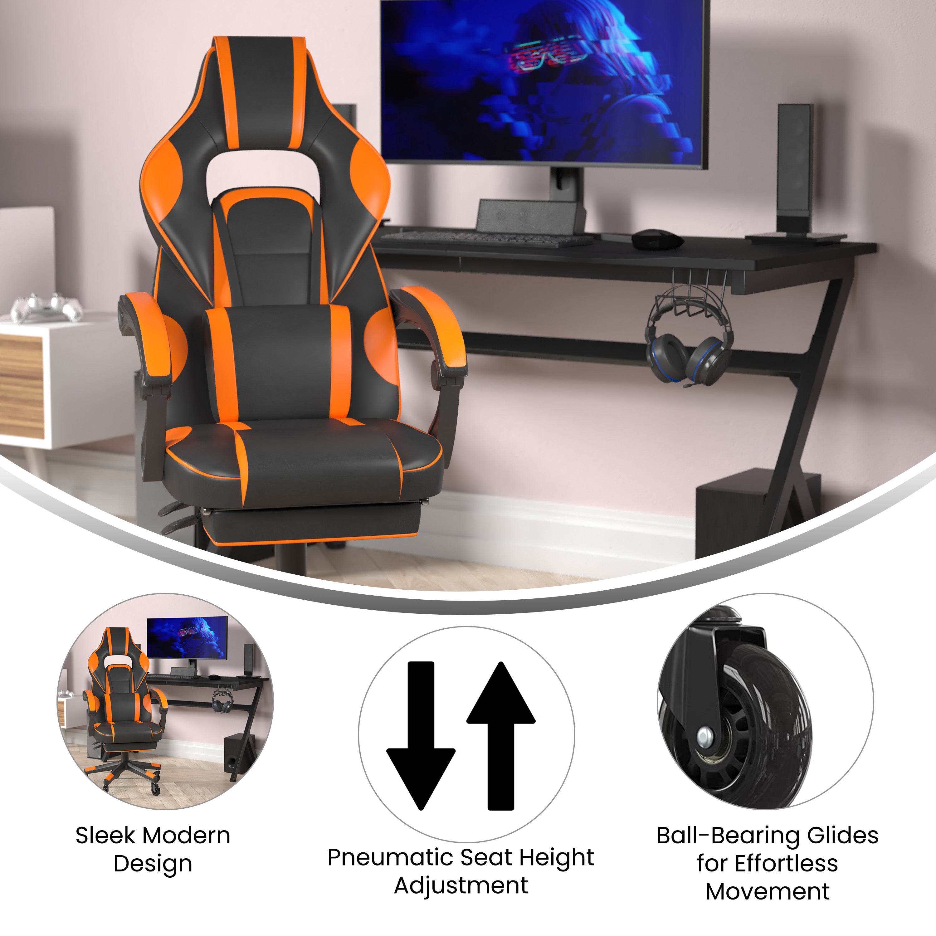 X40 Gaming Chair Racing Computer Chair with Fully Reclining Back/Arms and Transparent Roller Wheels, Slide-Out Footrest, - Black/Orange