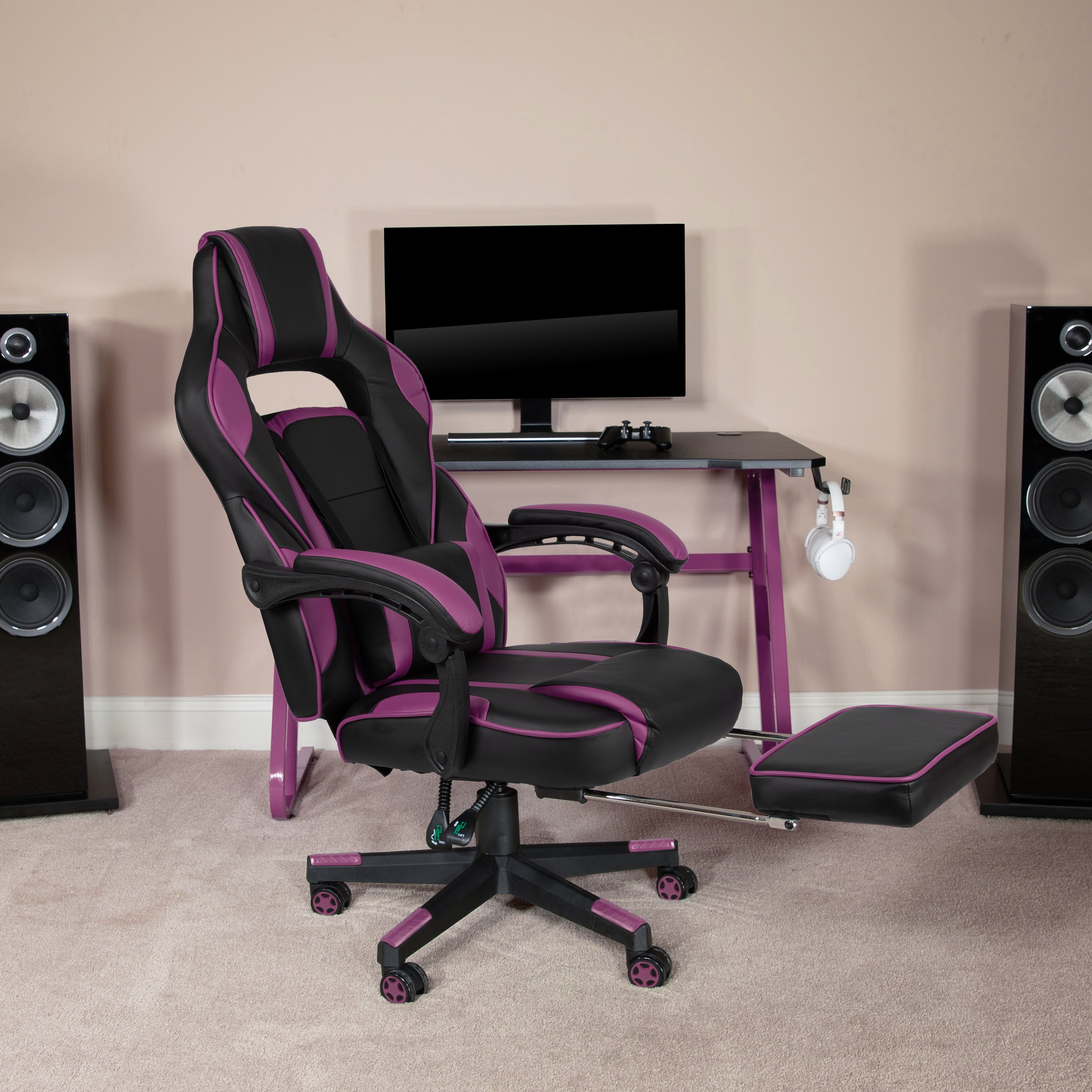 X40 Gaming Chair Racing Ergonomic Computer Chair with Fully Reclining Back/Arms, Slide-Out Footrest, Massaging Lumbar - Black/Purple