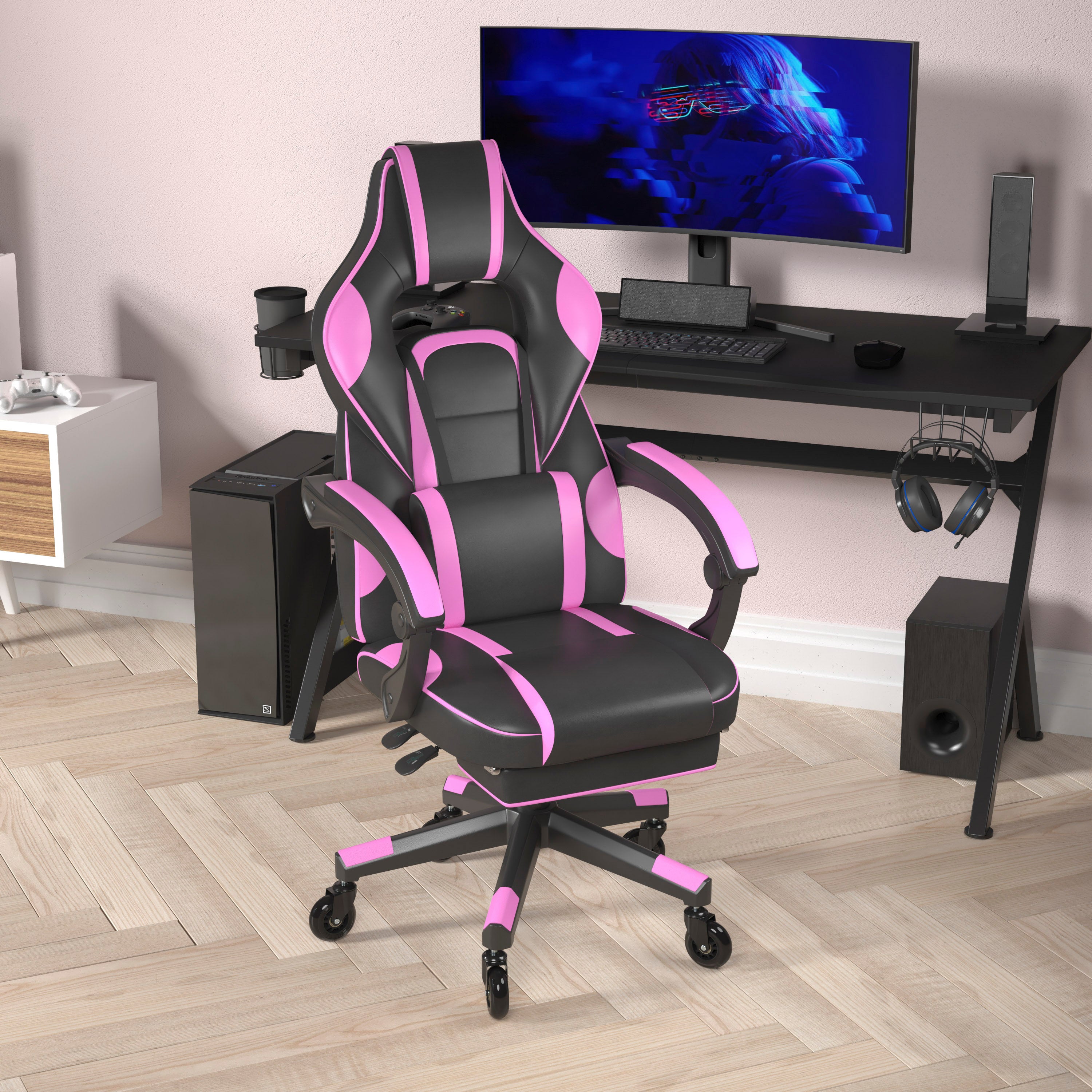 X40 Gaming Chair Racing Computer Chair with Fully Reclining Back/Arms and Transparent Roller Wheels, Slide-Out Footrest, - Black/Purple