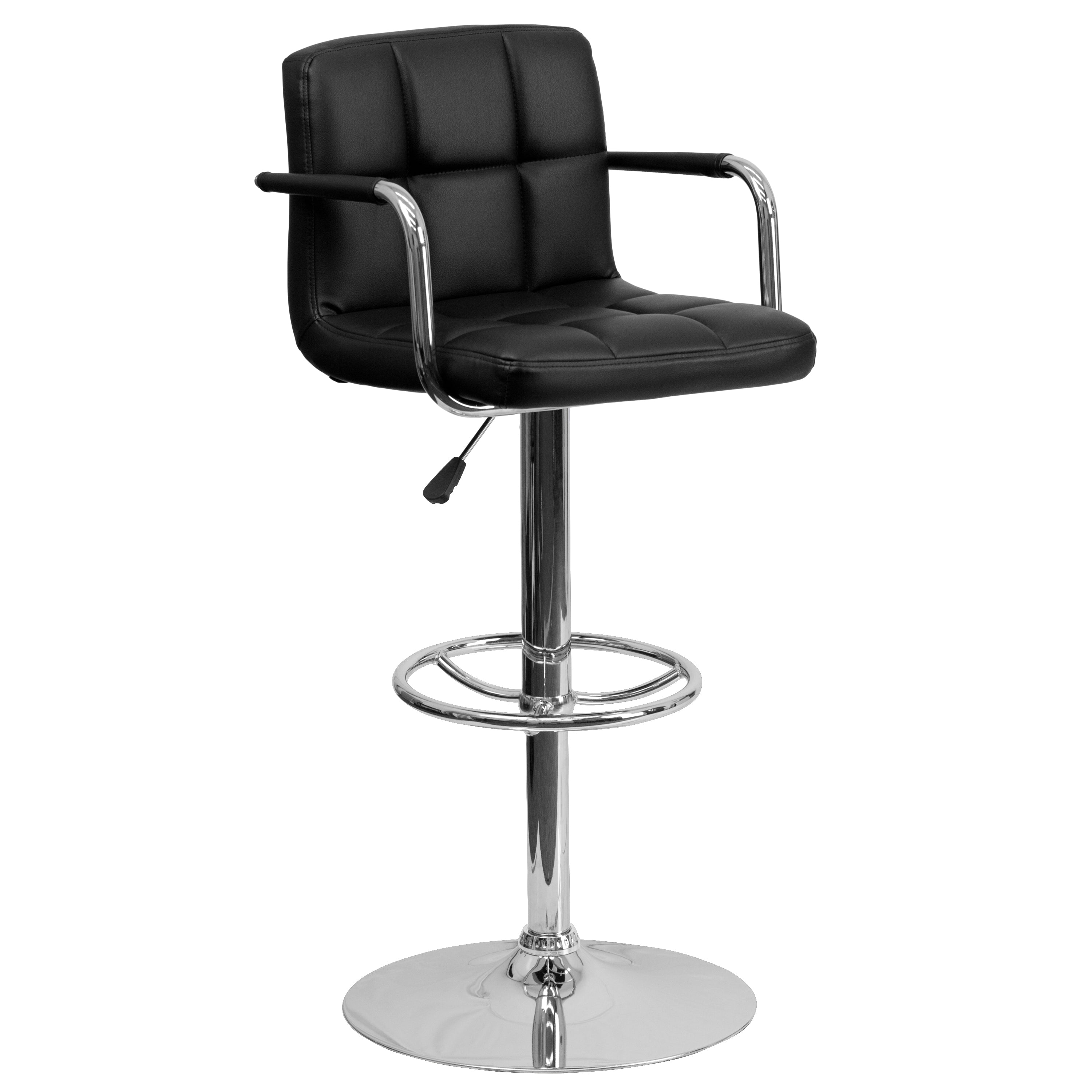 Genna Contemporary Black Quilted Vinyl Adjustable Height Barstool with Arms and Chrome Base