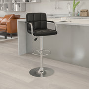 Genna Contemporary Black Quilted Vinyl Adjustable Height Barstool with Arms and Chrome Base