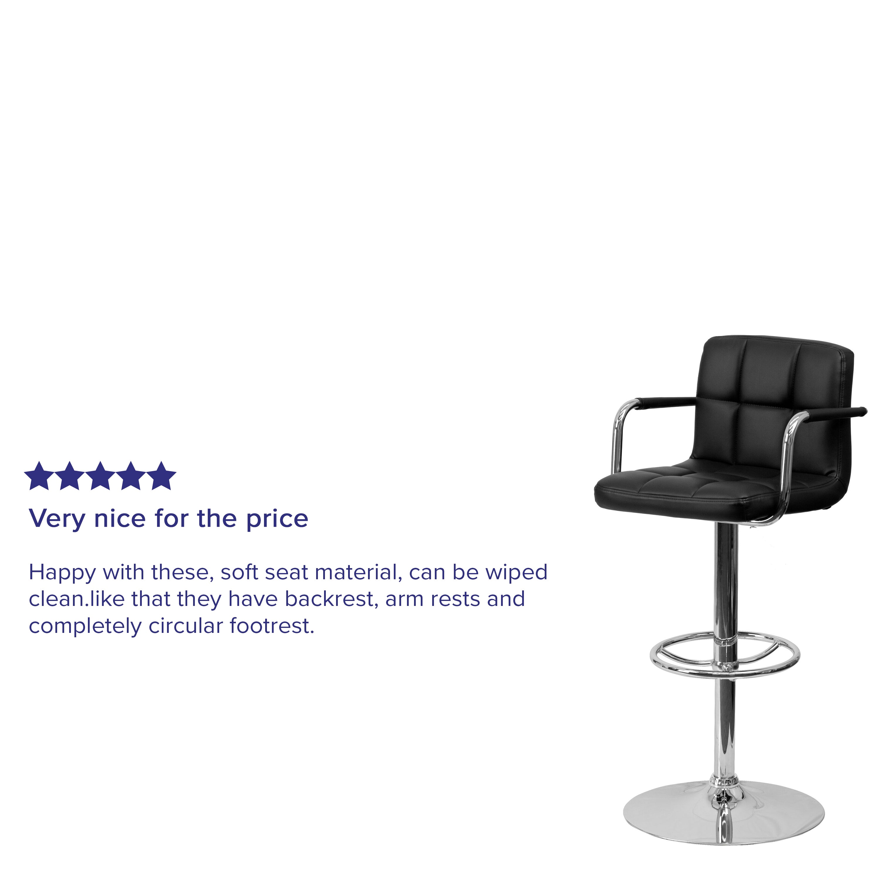 Genna Contemporary Black Quilted Vinyl Adjustable Height Barstool with Arms and Chrome Base