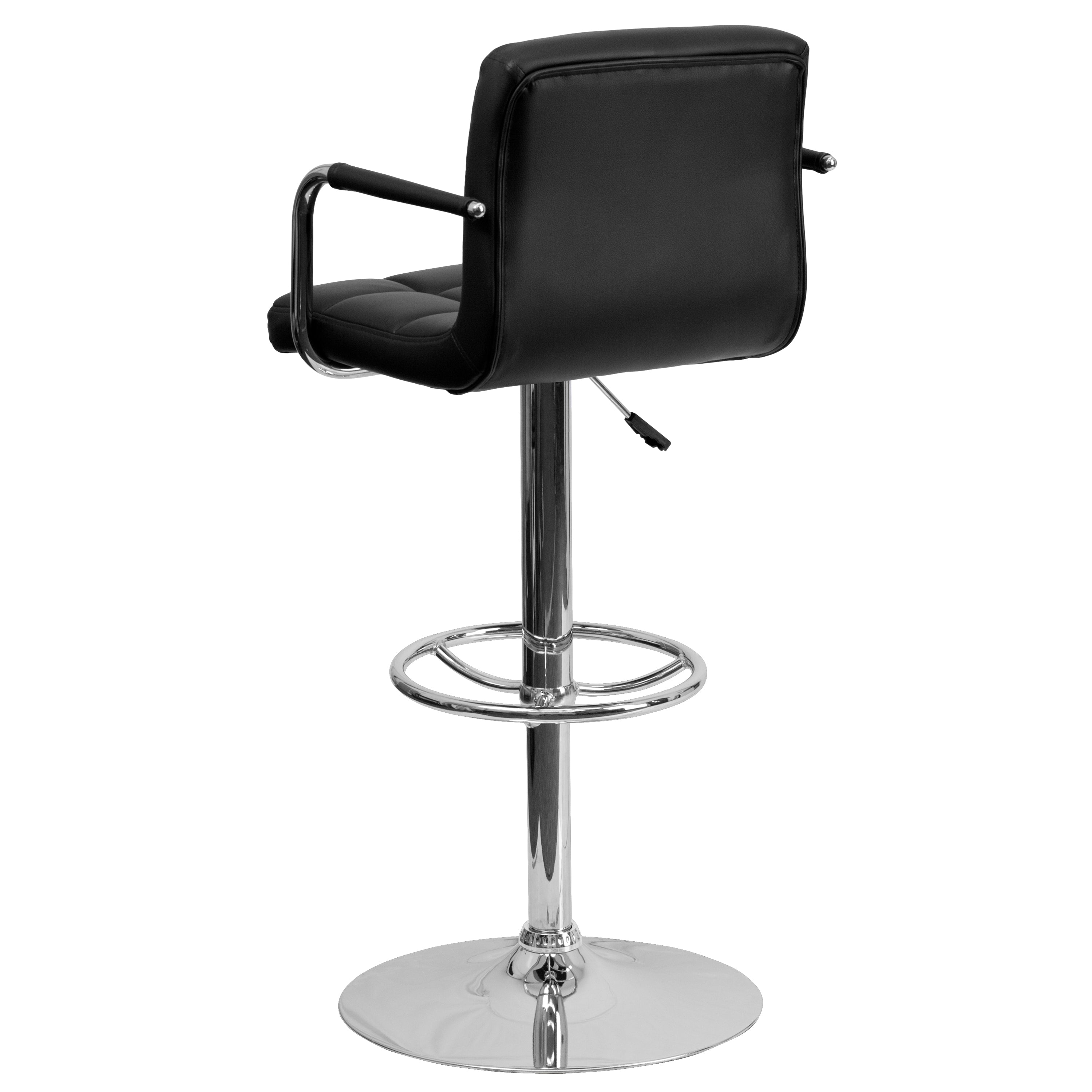 Genna Contemporary Black Quilted Vinyl Adjustable Height Barstool with Arms and Chrome Base