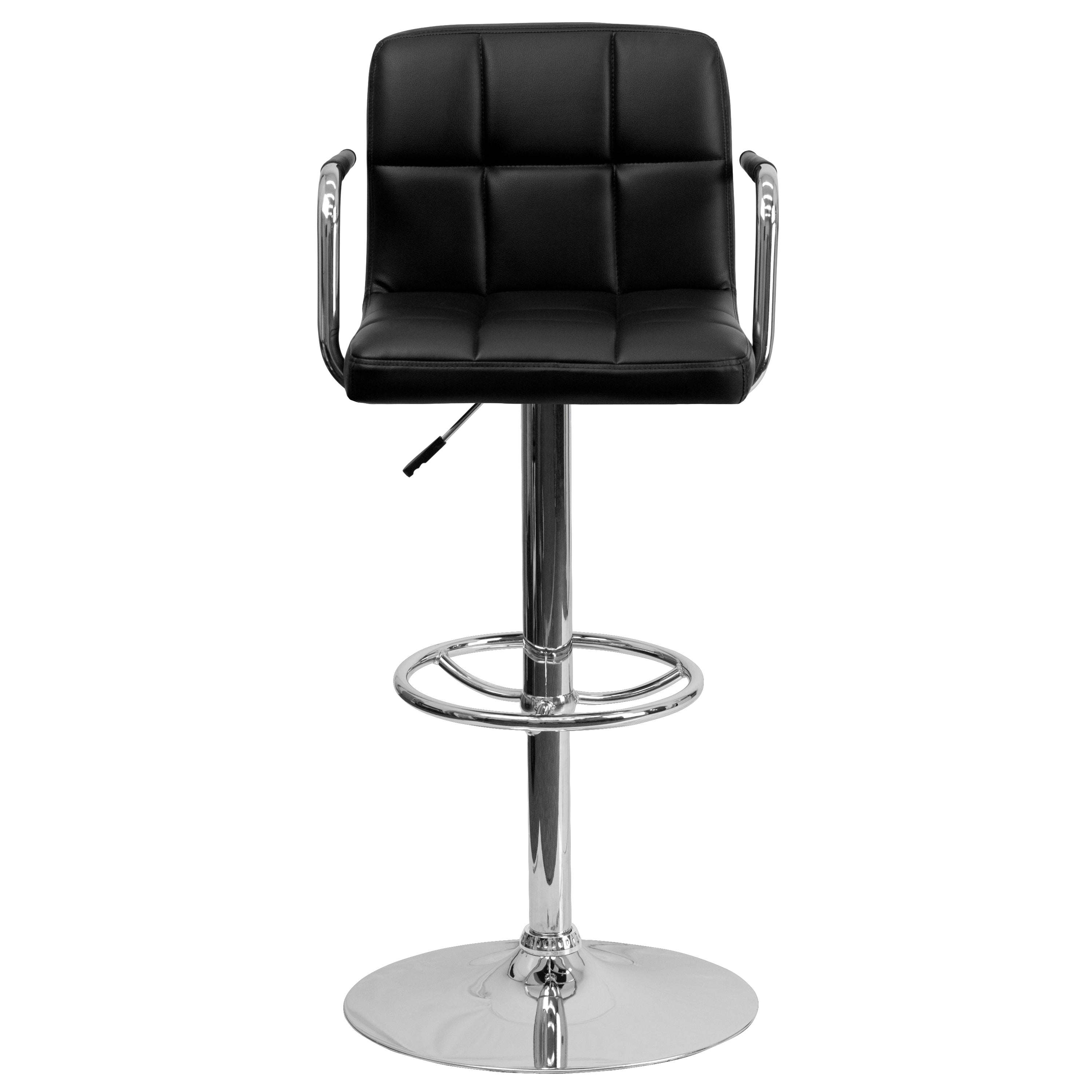 Genna Contemporary Black Quilted Vinyl Adjustable Height Barstool with Arms and Chrome Base