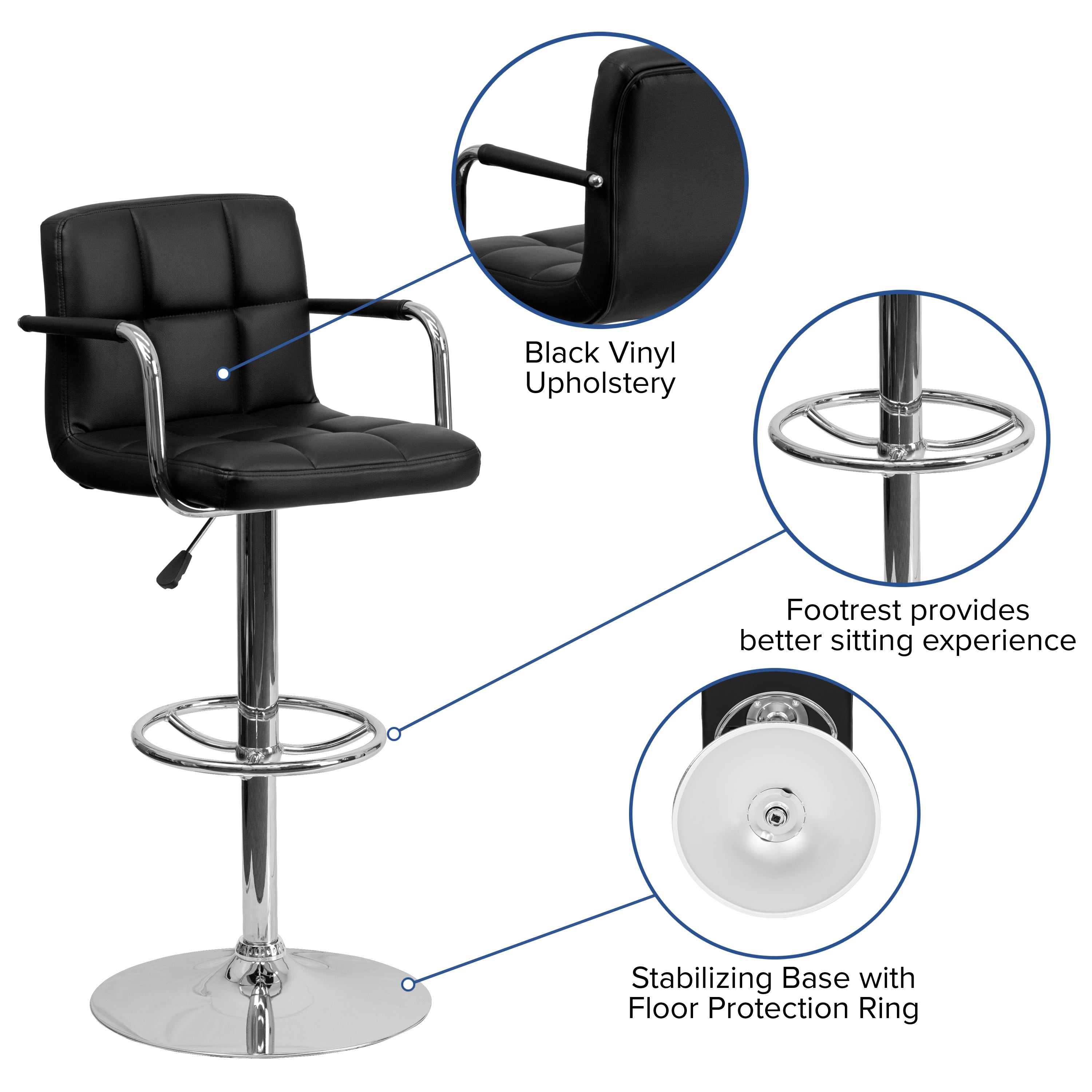Genna Contemporary Black Quilted Vinyl Adjustable Height Barstool with Arms and Chrome Base