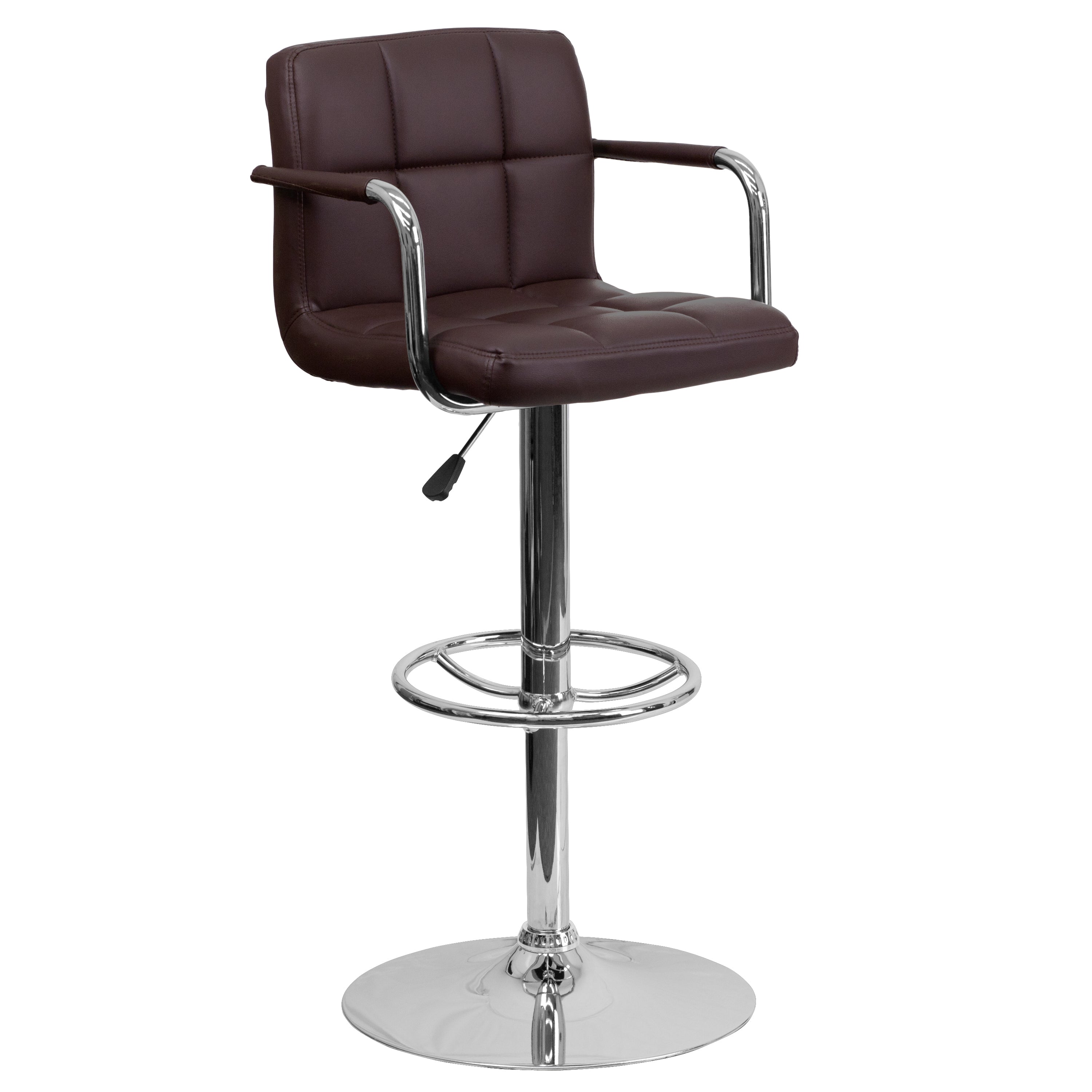 Genna Contemporary Brown Quilted Vinyl Adjustable Height Barstool with Arms and Chrome Base