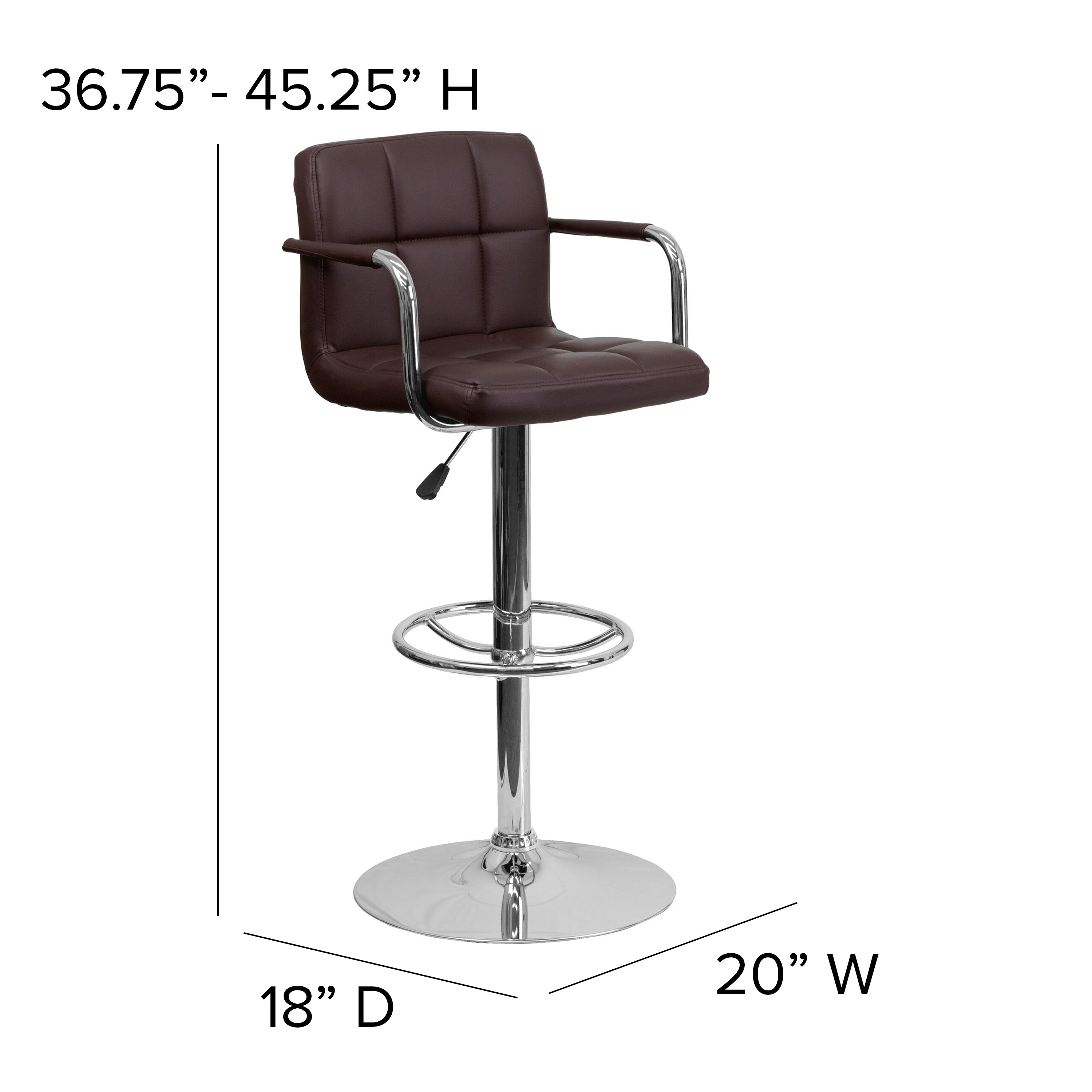 Genna Contemporary Brown Quilted Vinyl Adjustable Height Barstool with Arms and Chrome Base