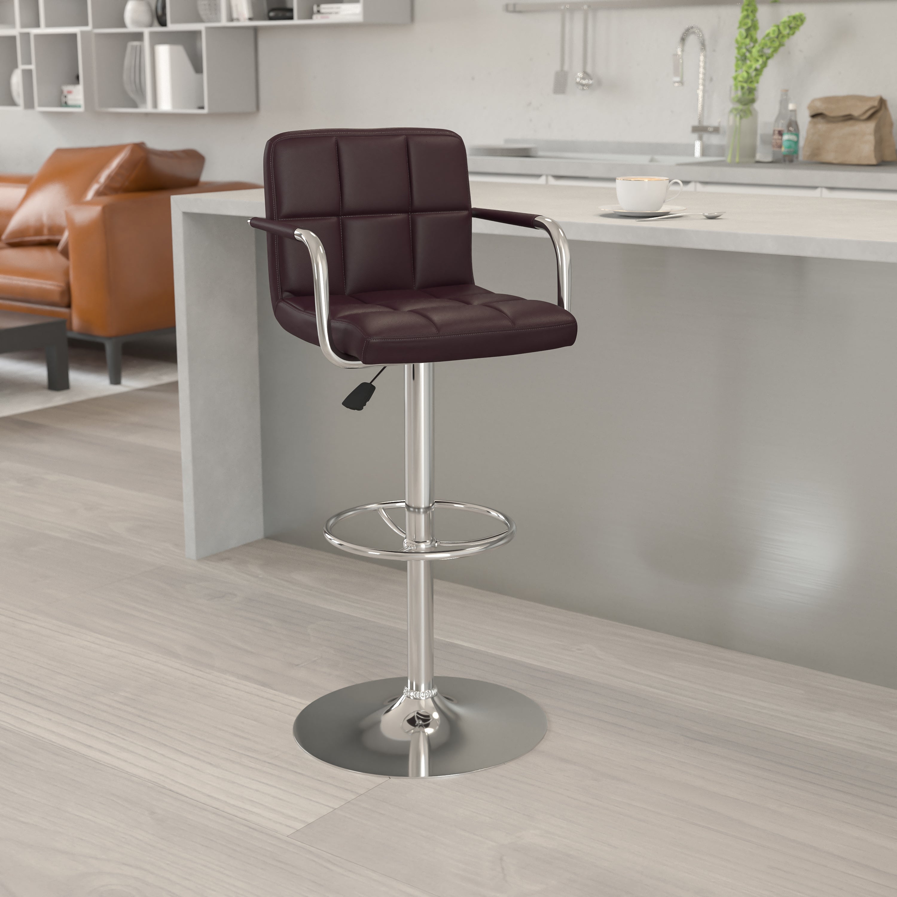 Genna Contemporary Brown Quilted Vinyl Adjustable Height Barstool with Arms and Chrome Base