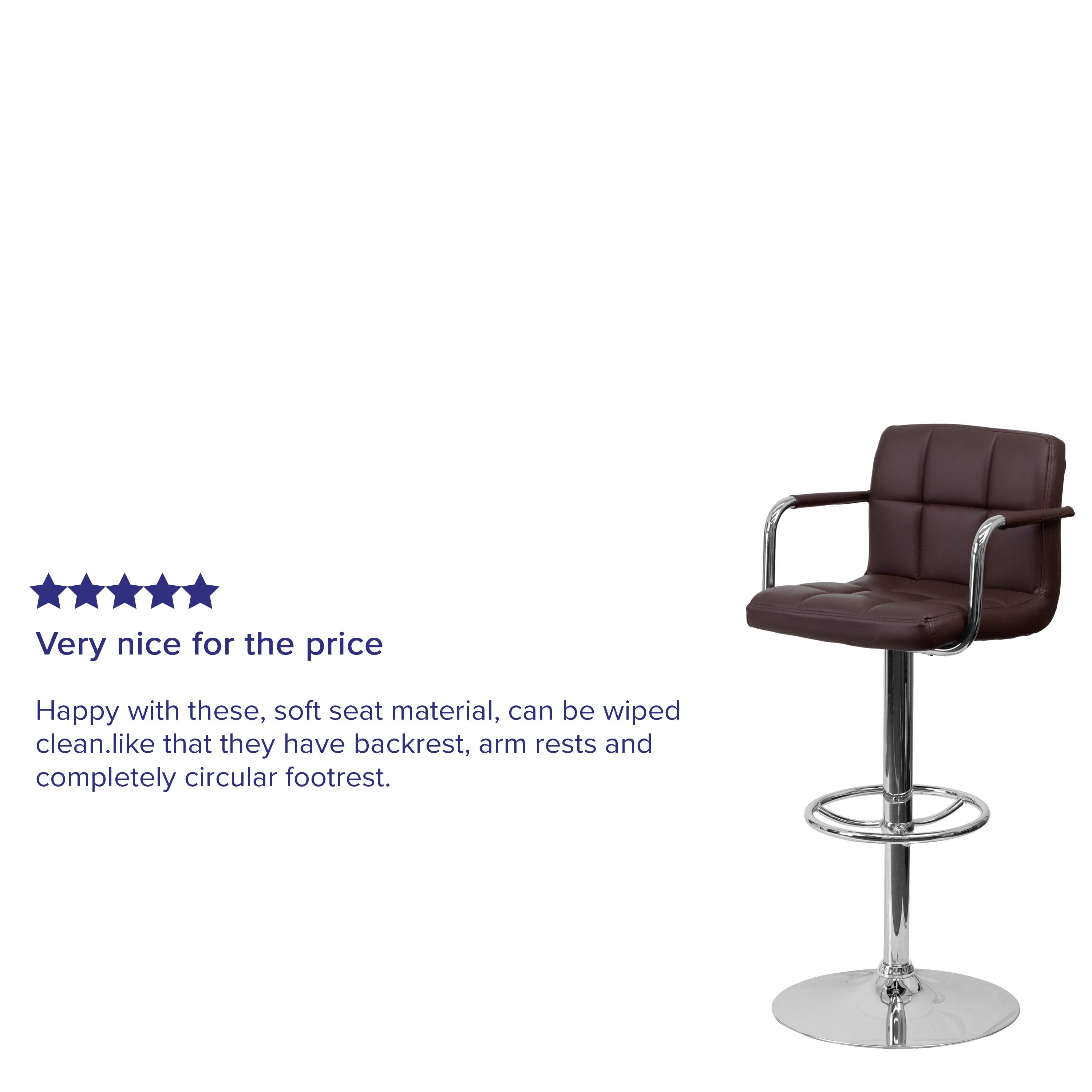 Genna Contemporary Brown Quilted Vinyl Adjustable Height Barstool with Arms and Chrome Base