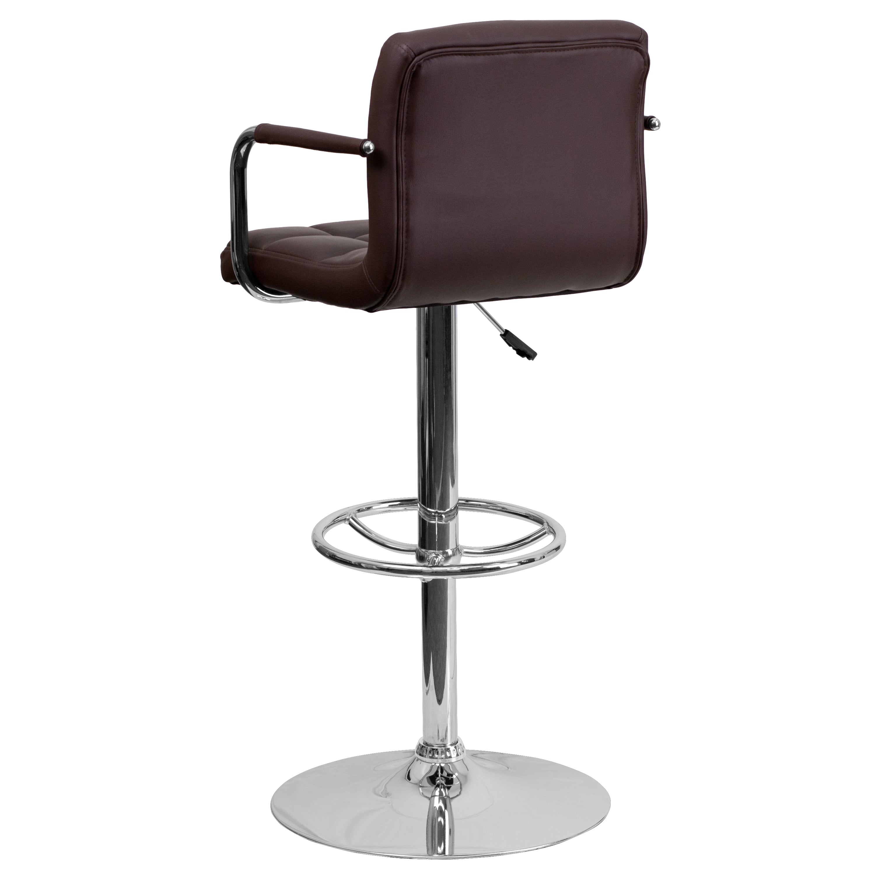 Genna Contemporary Brown Quilted Vinyl Adjustable Height Barstool with Arms and Chrome Base