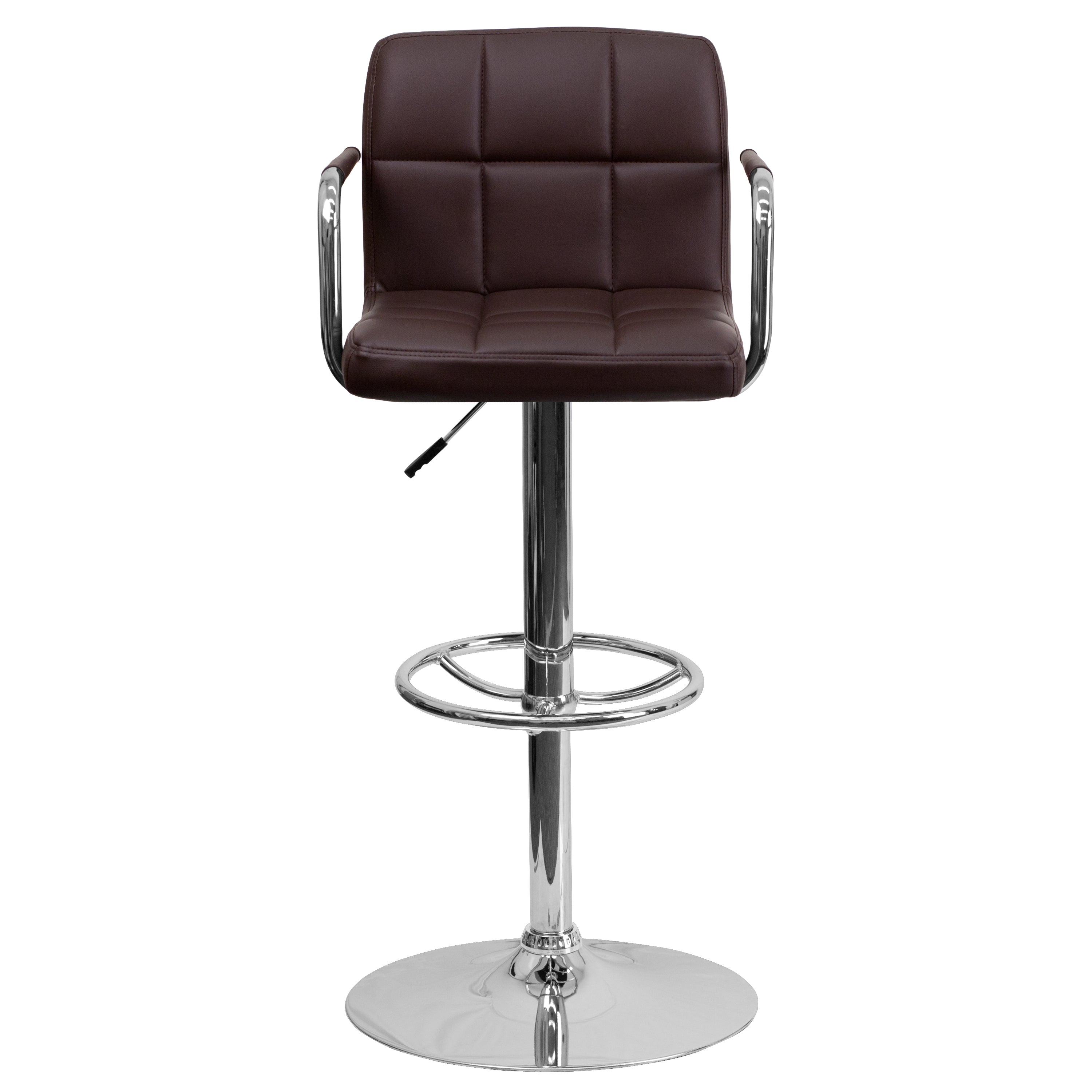 Genna Contemporary Brown Quilted Vinyl Adjustable Height Barstool with Arms and Chrome Base