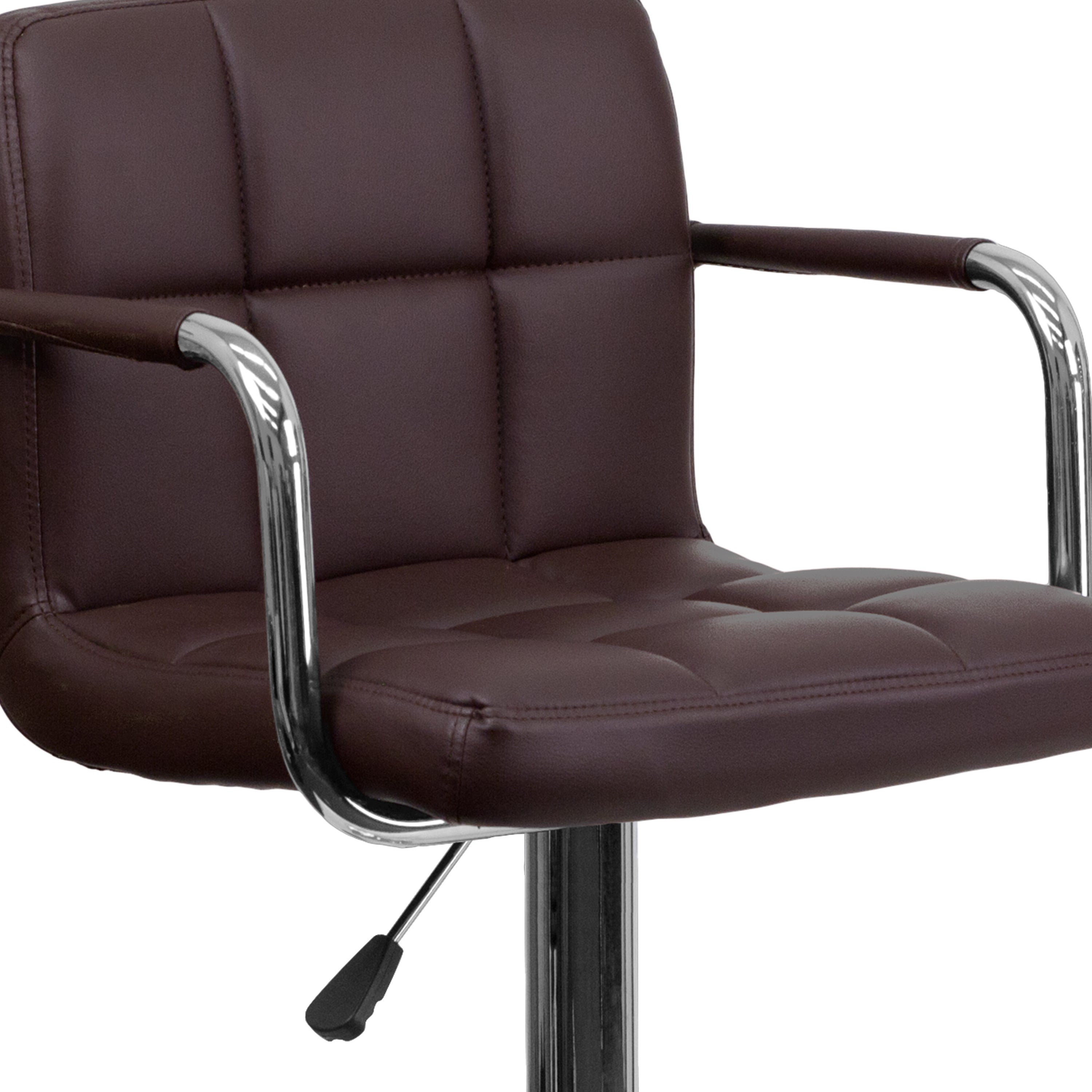 Genna Contemporary Brown Quilted Vinyl Adjustable Height Barstool with Arms and Chrome Base