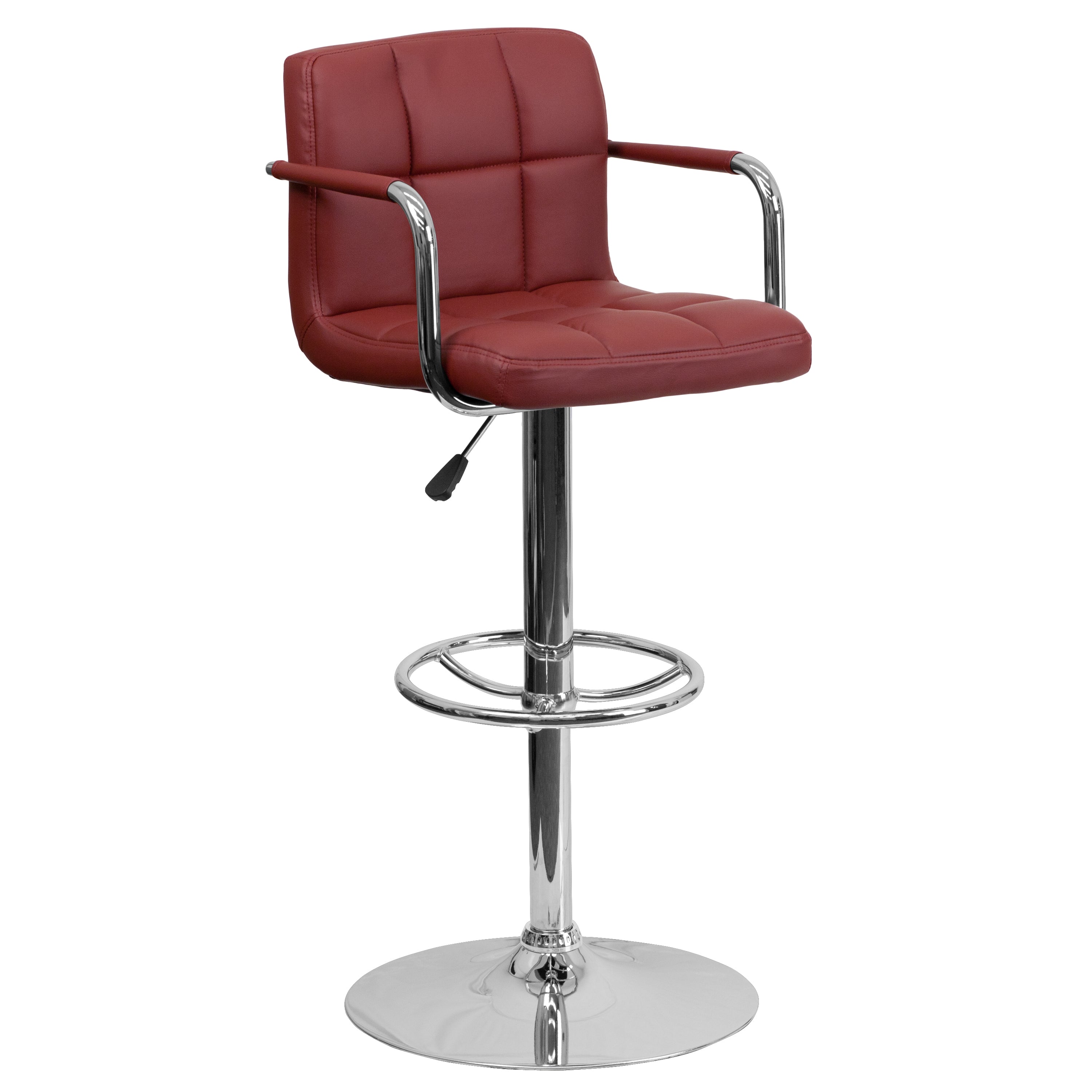 Genna Contemporary Burgundy Quilted Vinyl Adjustable Height Barstool with Arms and Chrome Base