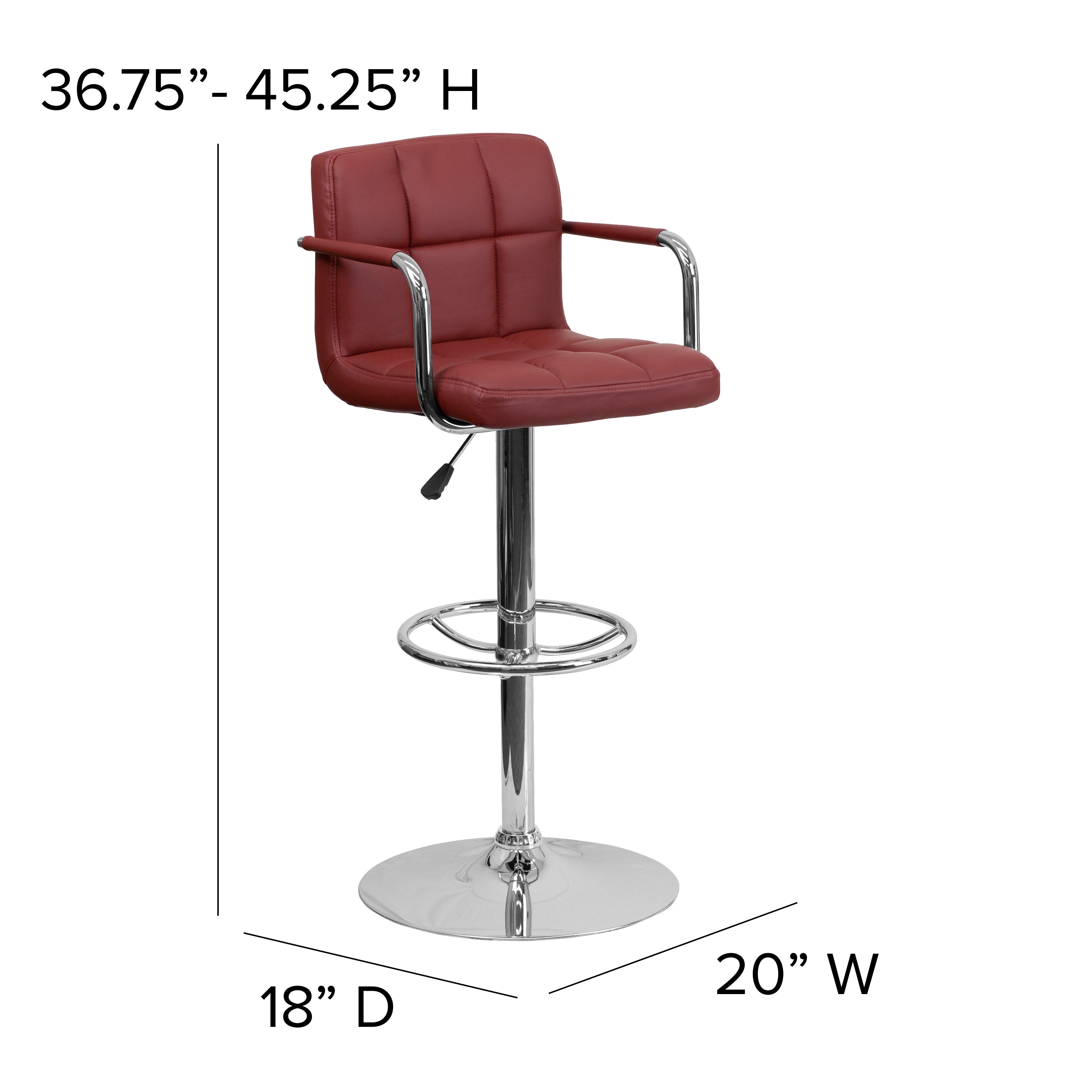 Genna Contemporary Burgundy Quilted Vinyl Adjustable Height Barstool with Arms and Chrome Base