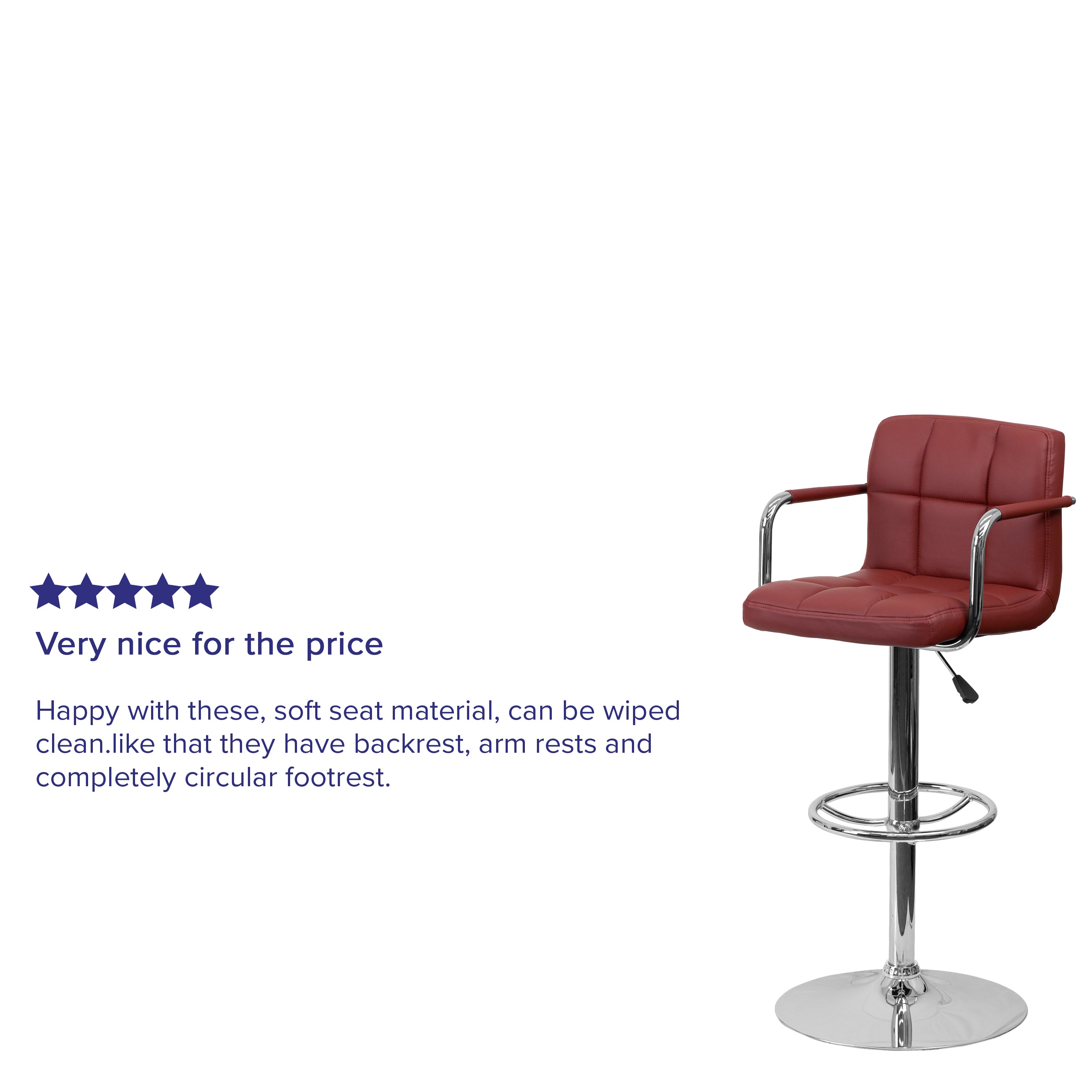 Genna Contemporary Burgundy Quilted Vinyl Adjustable Height Barstool with Arms and Chrome Base