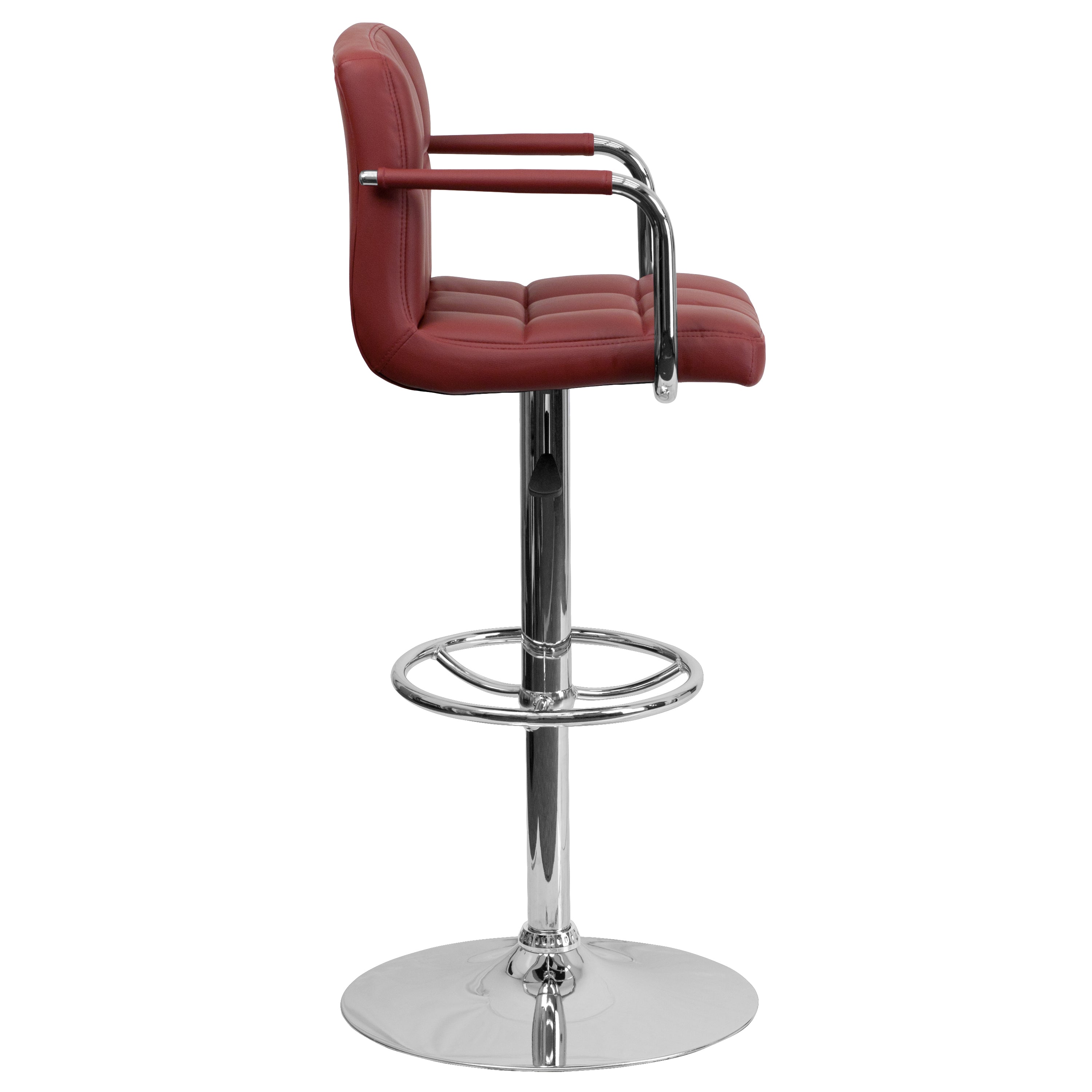 Genna Contemporary Burgundy Quilted Vinyl Adjustable Height Barstool with Arms and Chrome Base