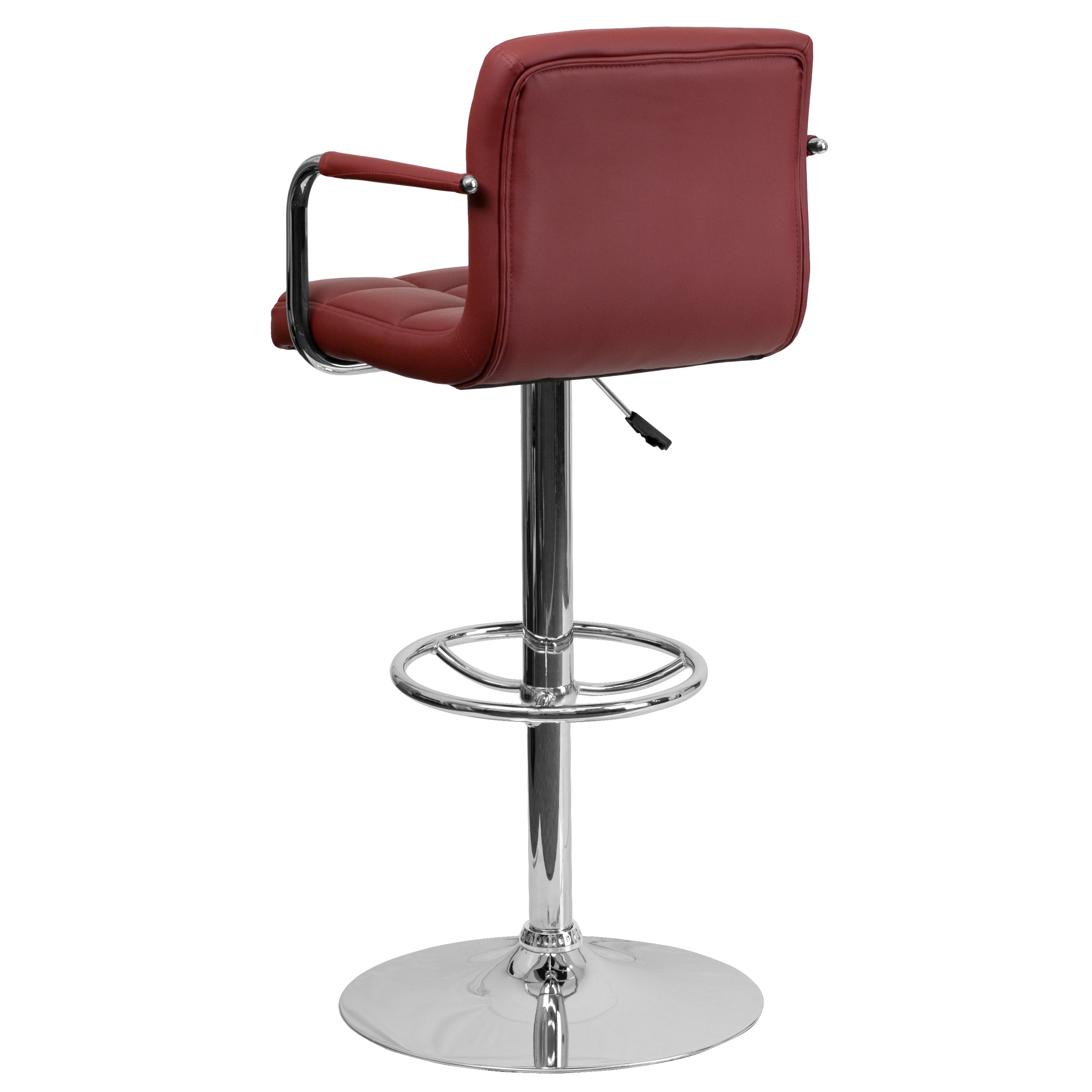 Genna Contemporary Burgundy Quilted Vinyl Adjustable Height Barstool with Arms and Chrome Base