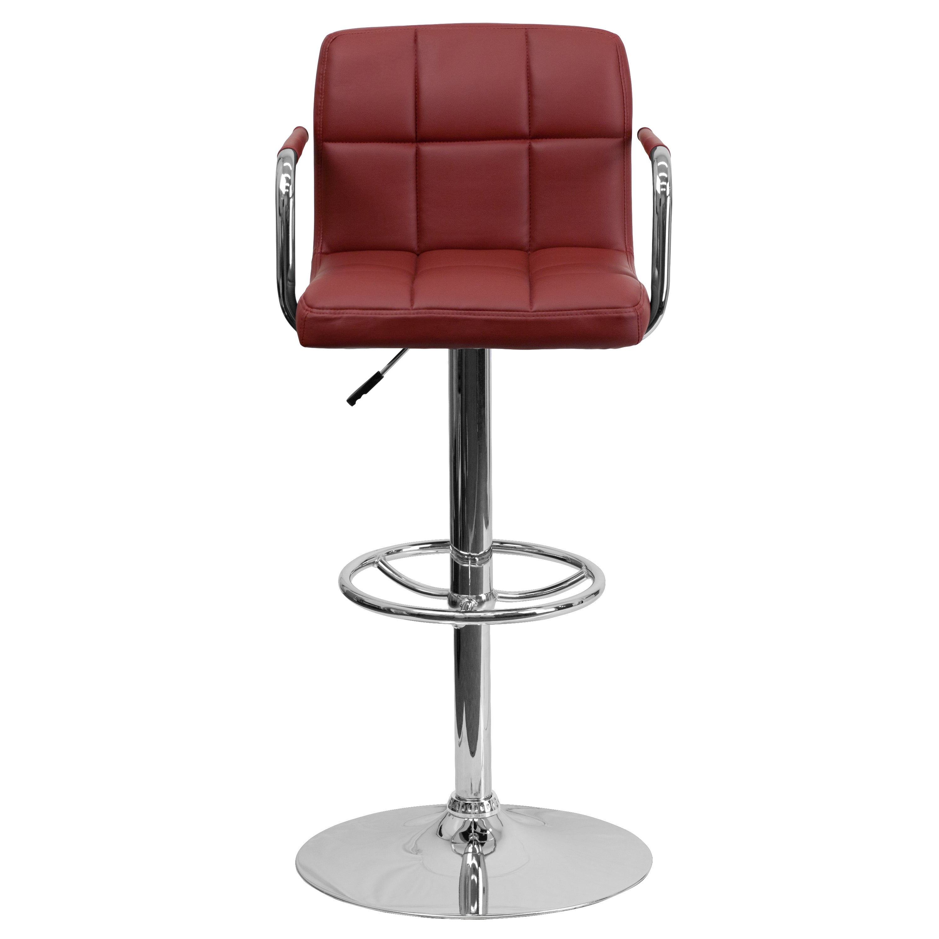 Genna Contemporary Burgundy Quilted Vinyl Adjustable Height Barstool with Arms and Chrome Base