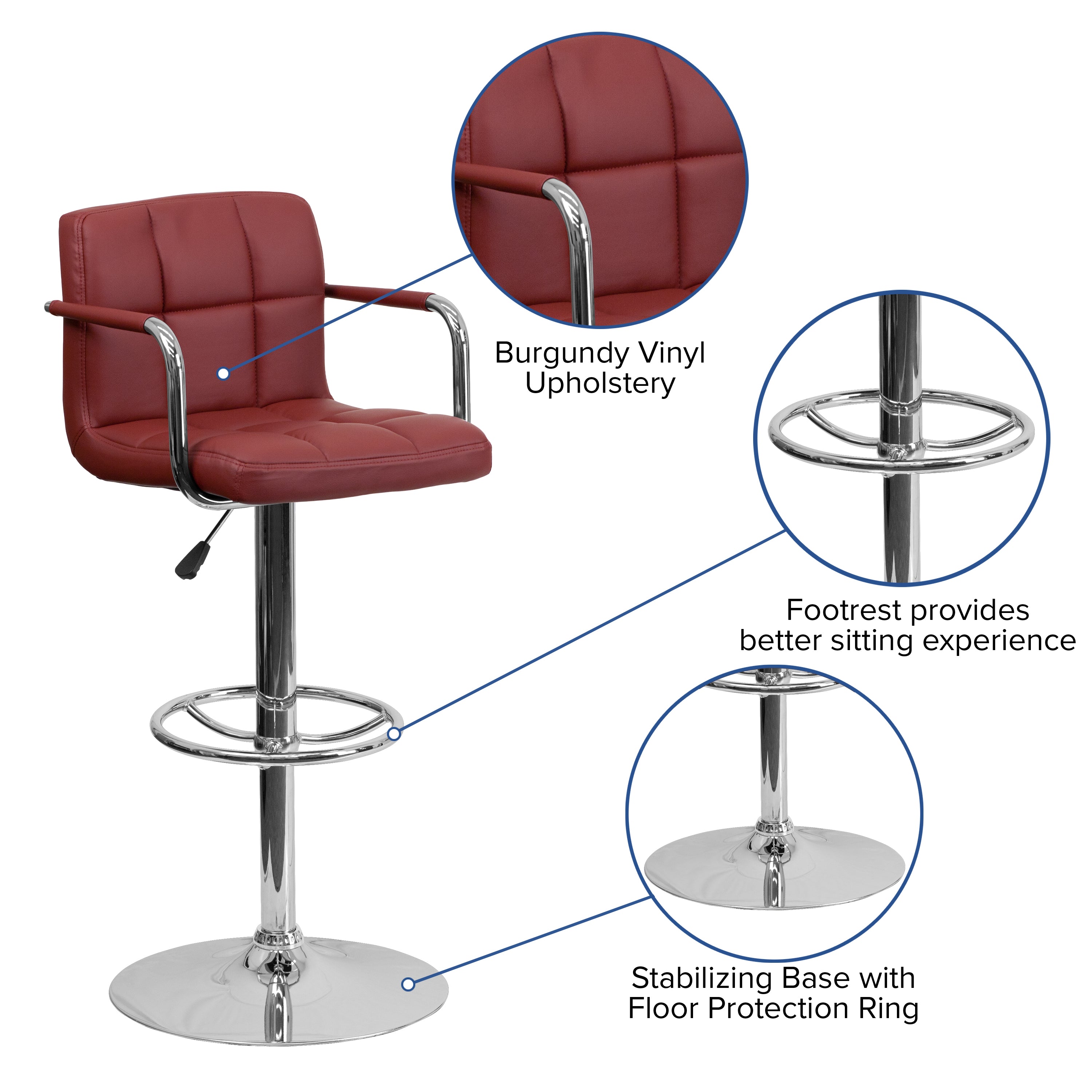 Genna Contemporary Burgundy Quilted Vinyl Adjustable Height Barstool with Arms and Chrome Base
