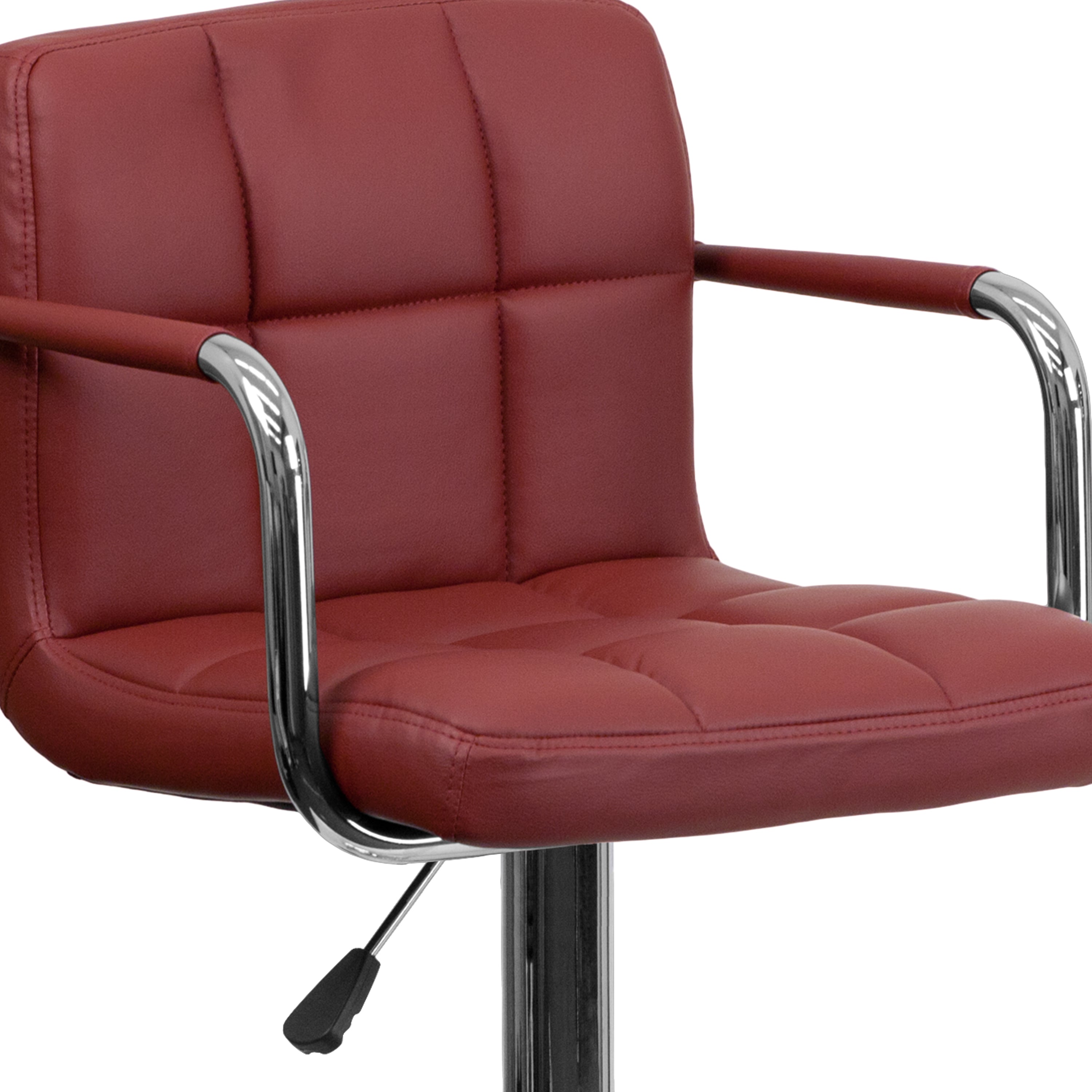 Genna Contemporary Burgundy Quilted Vinyl Adjustable Height Barstool with Arms and Chrome Base