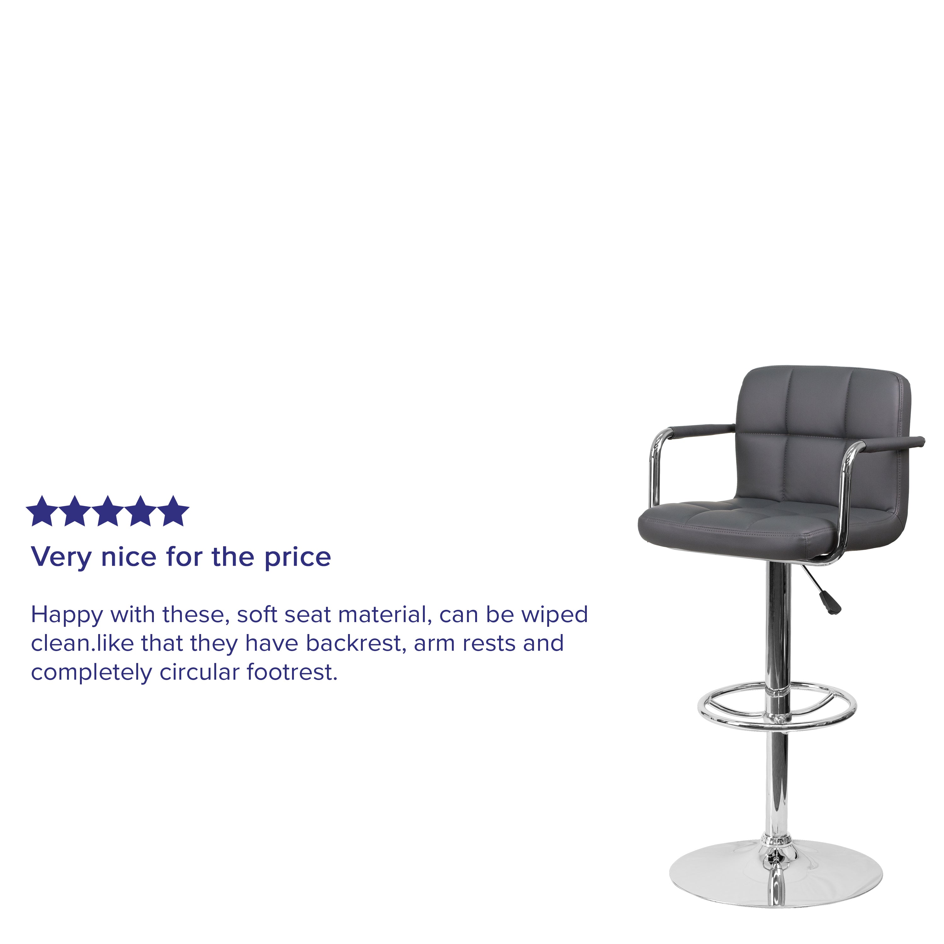 Genna Contemporary Gray Quilted Vinyl Adjustable Height Barstool with Arms and Chrome Base