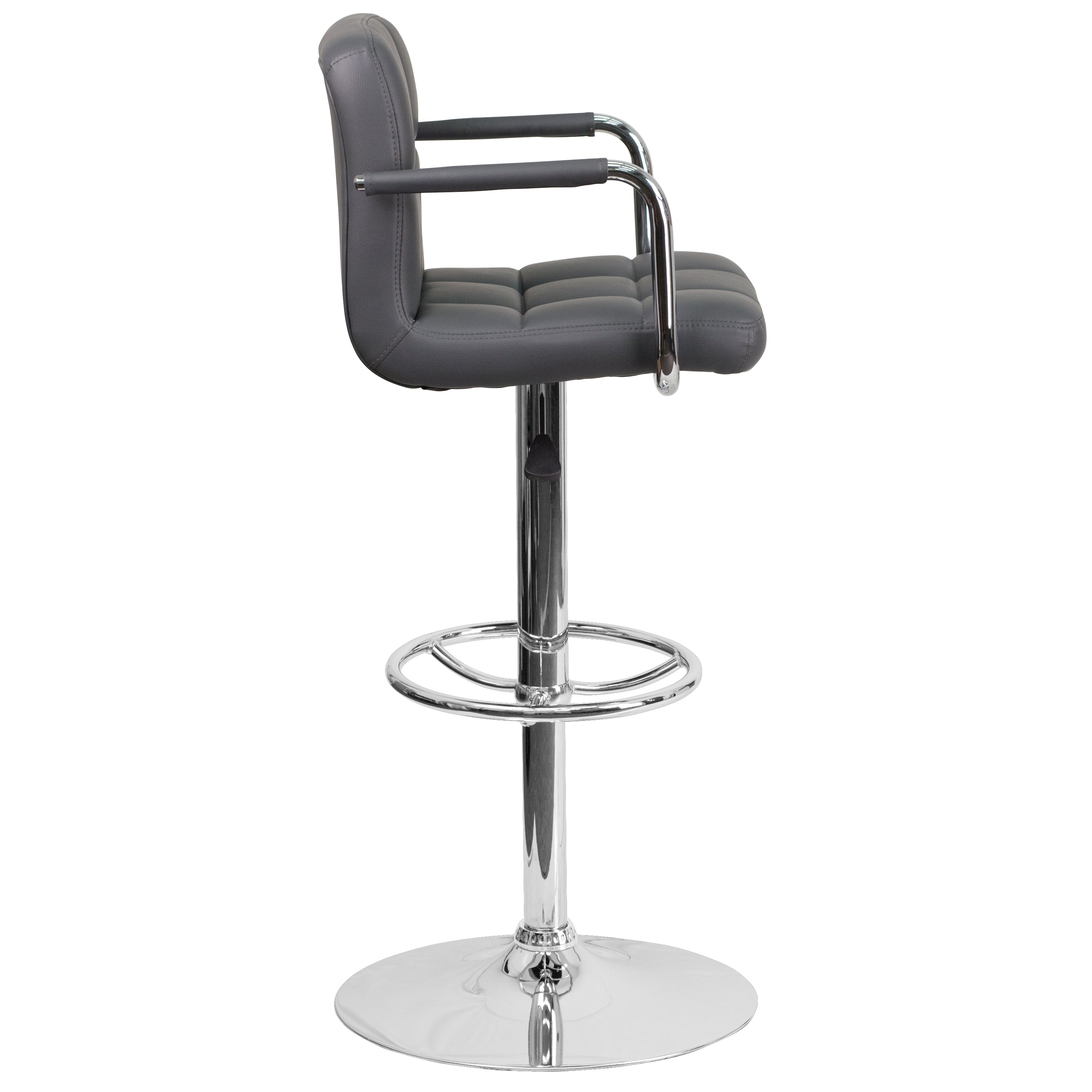 Genna Contemporary Gray Quilted Vinyl Adjustable Height Barstool with Arms and Chrome Base