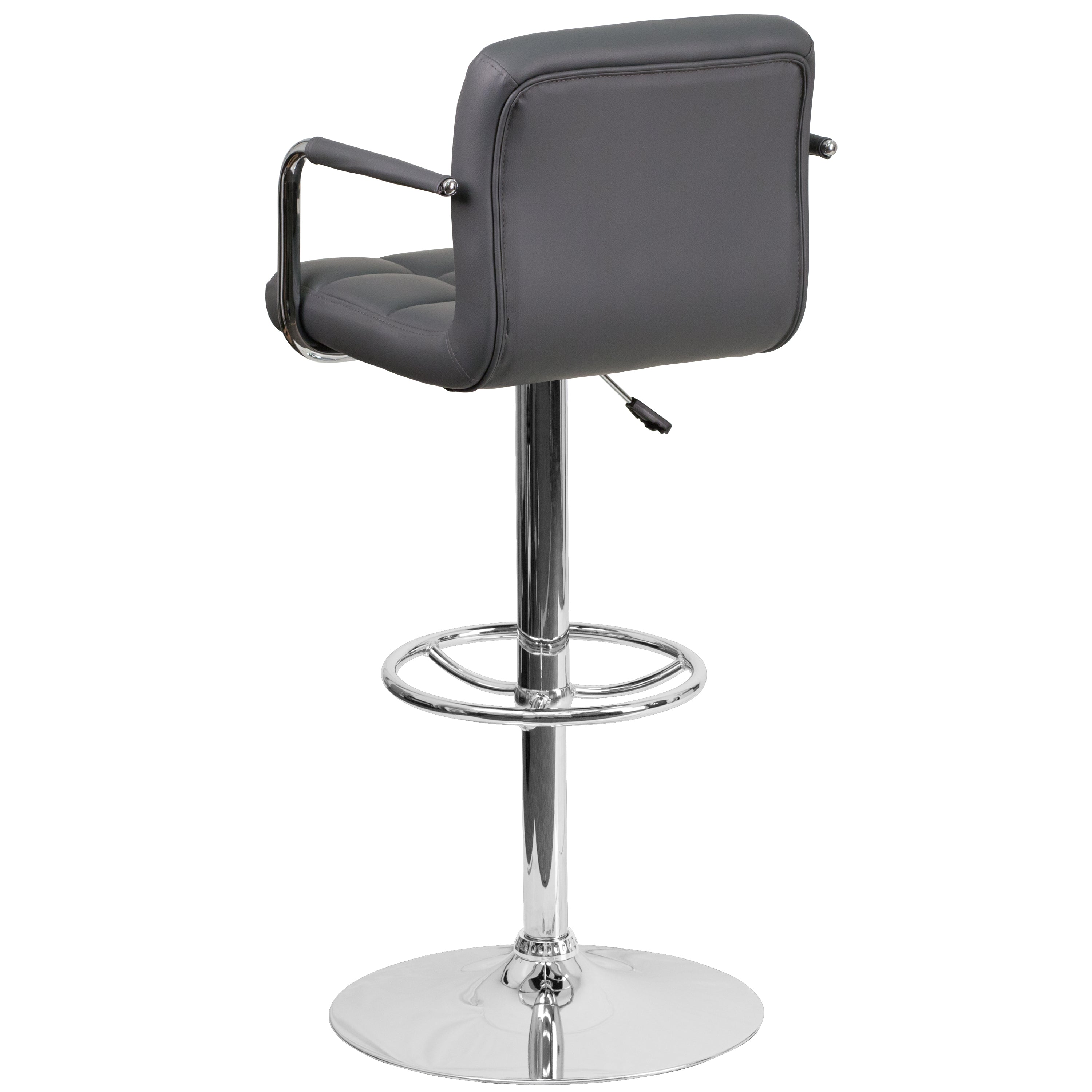 Genna Contemporary Gray Quilted Vinyl Adjustable Height Barstool with Arms and Chrome Base