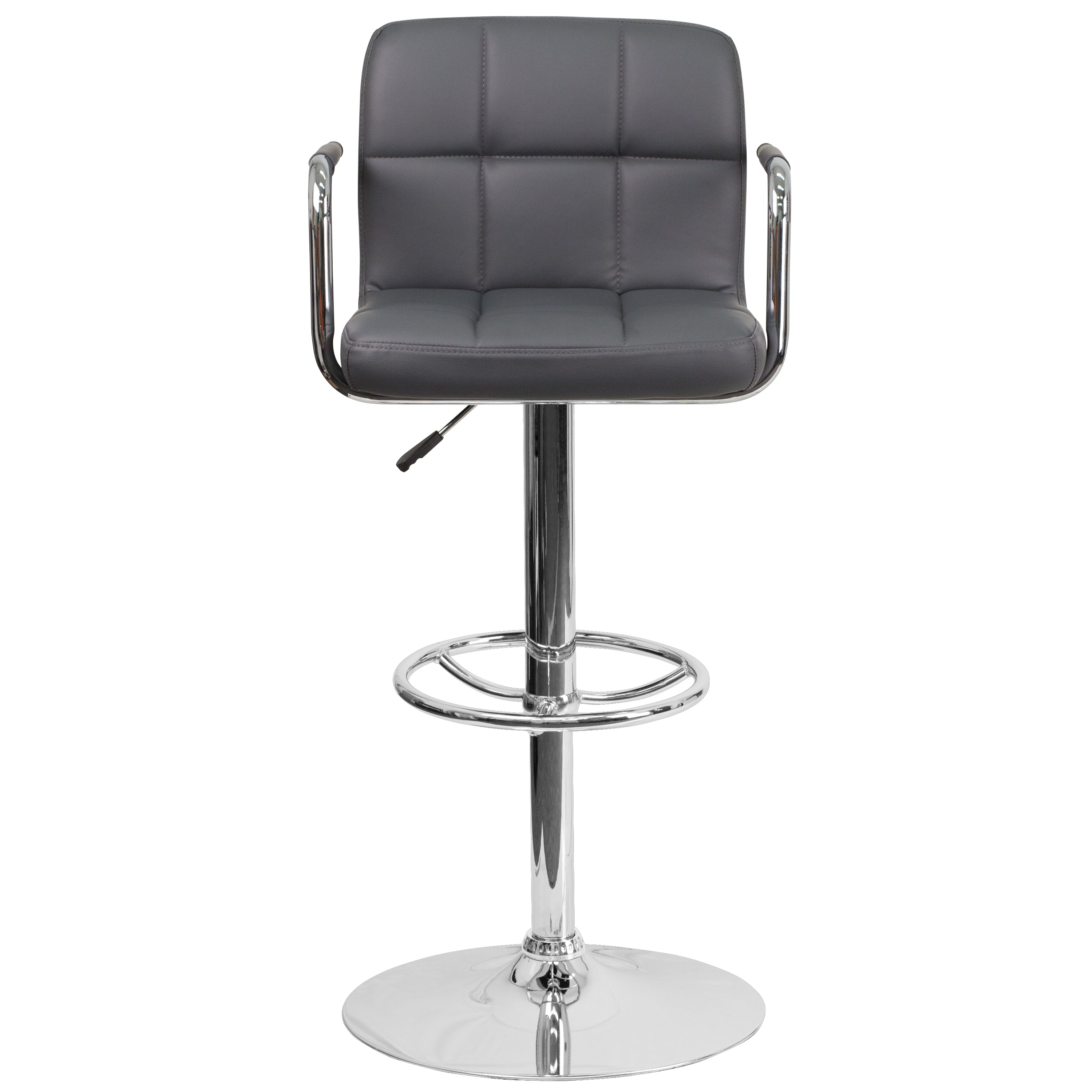 Genna Contemporary Gray Quilted Vinyl Adjustable Height Barstool with Arms and Chrome Base