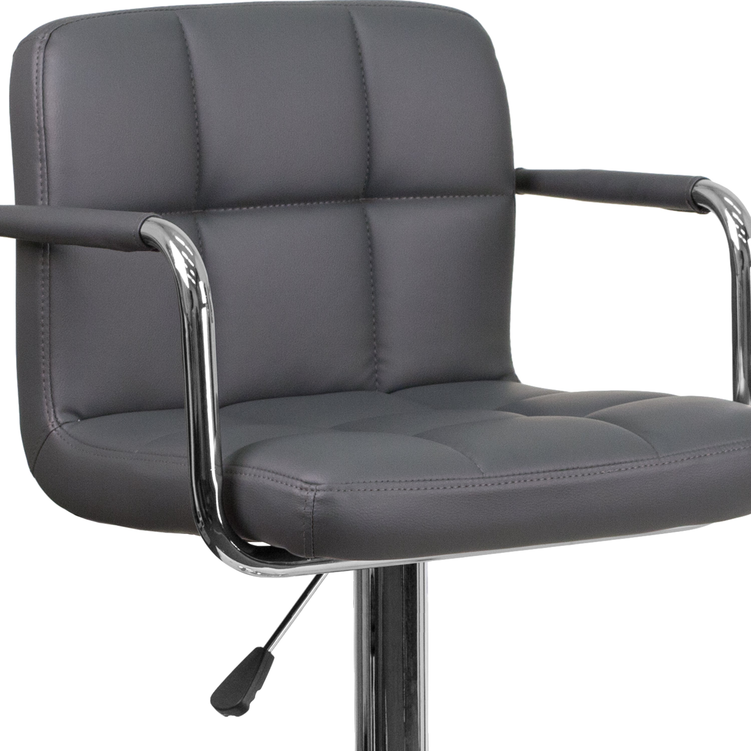 Genna Contemporary Gray Quilted Vinyl Adjustable Height Barstool with Arms and Chrome Base